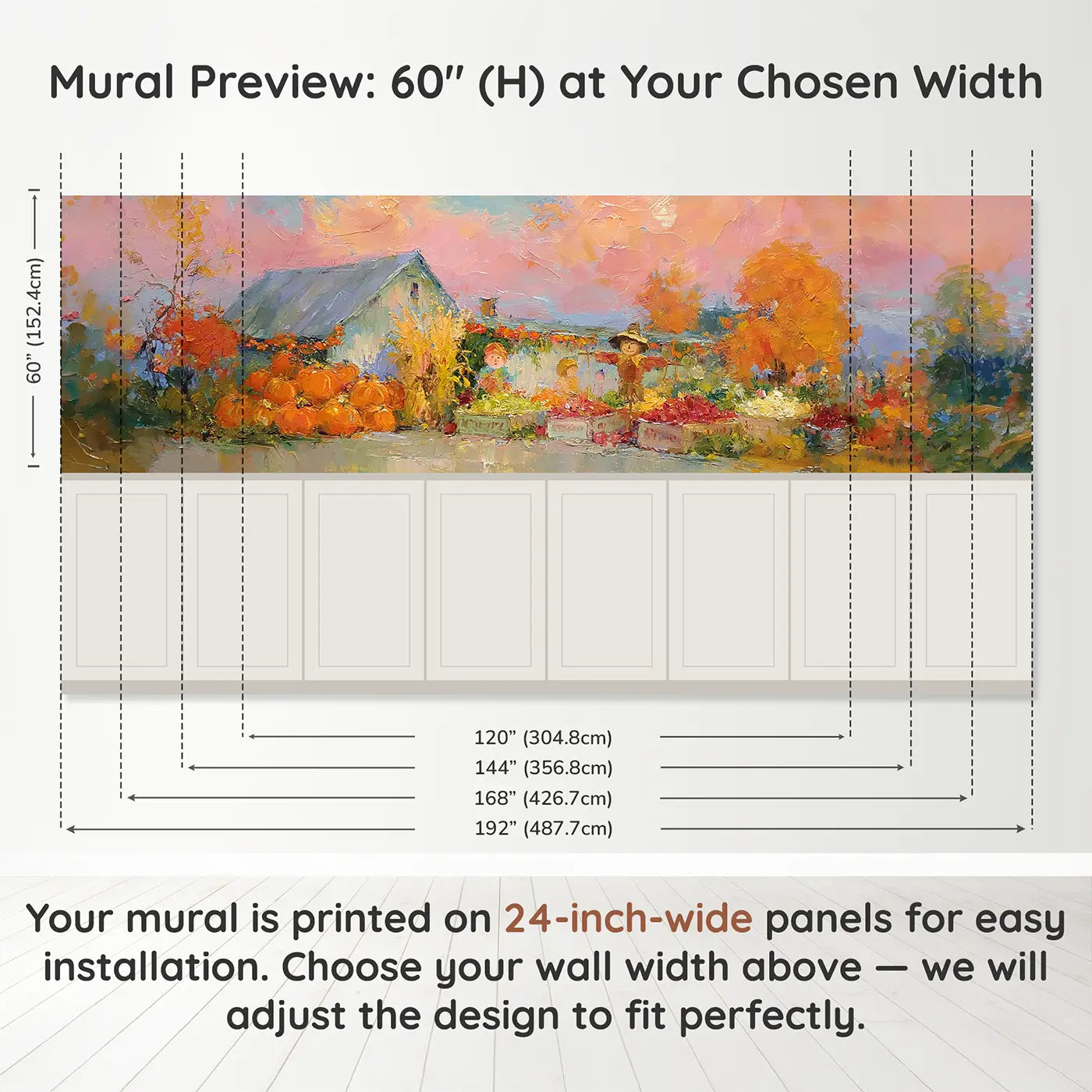 Panel dimensions for Harvest Festival Farmstead Oil Wainscoting Wallpaper by Whimsy Tots