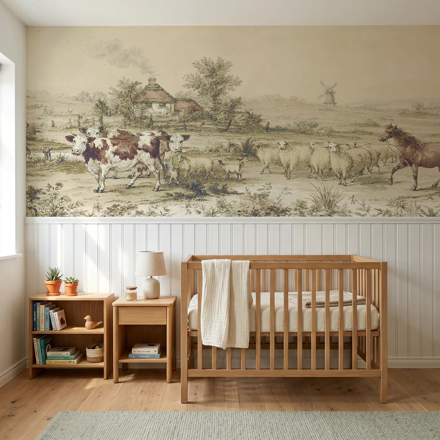 Botanical Elegance farm animal pastoral wainscoting wallpaper for nursery by Whimsy Tots
