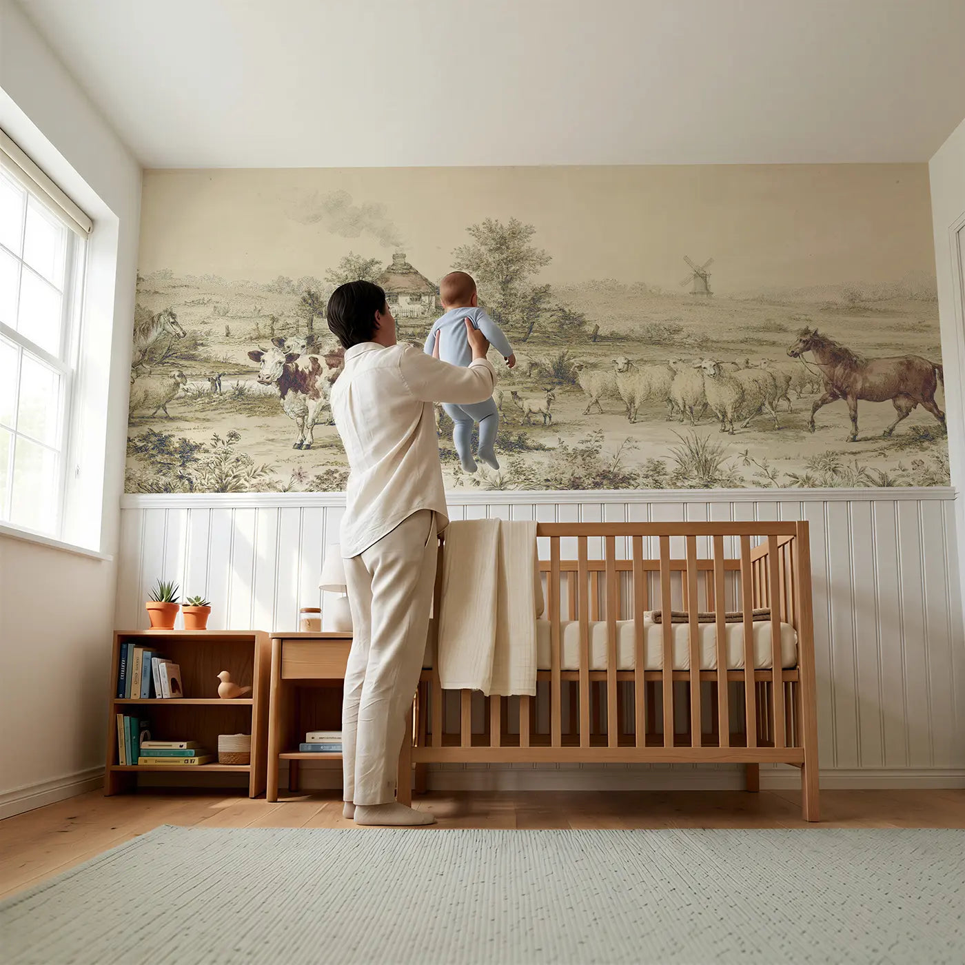 Child reading near Farm Animal Pastoral Toile Wainscoting Wallpaper by Whimsy Tots