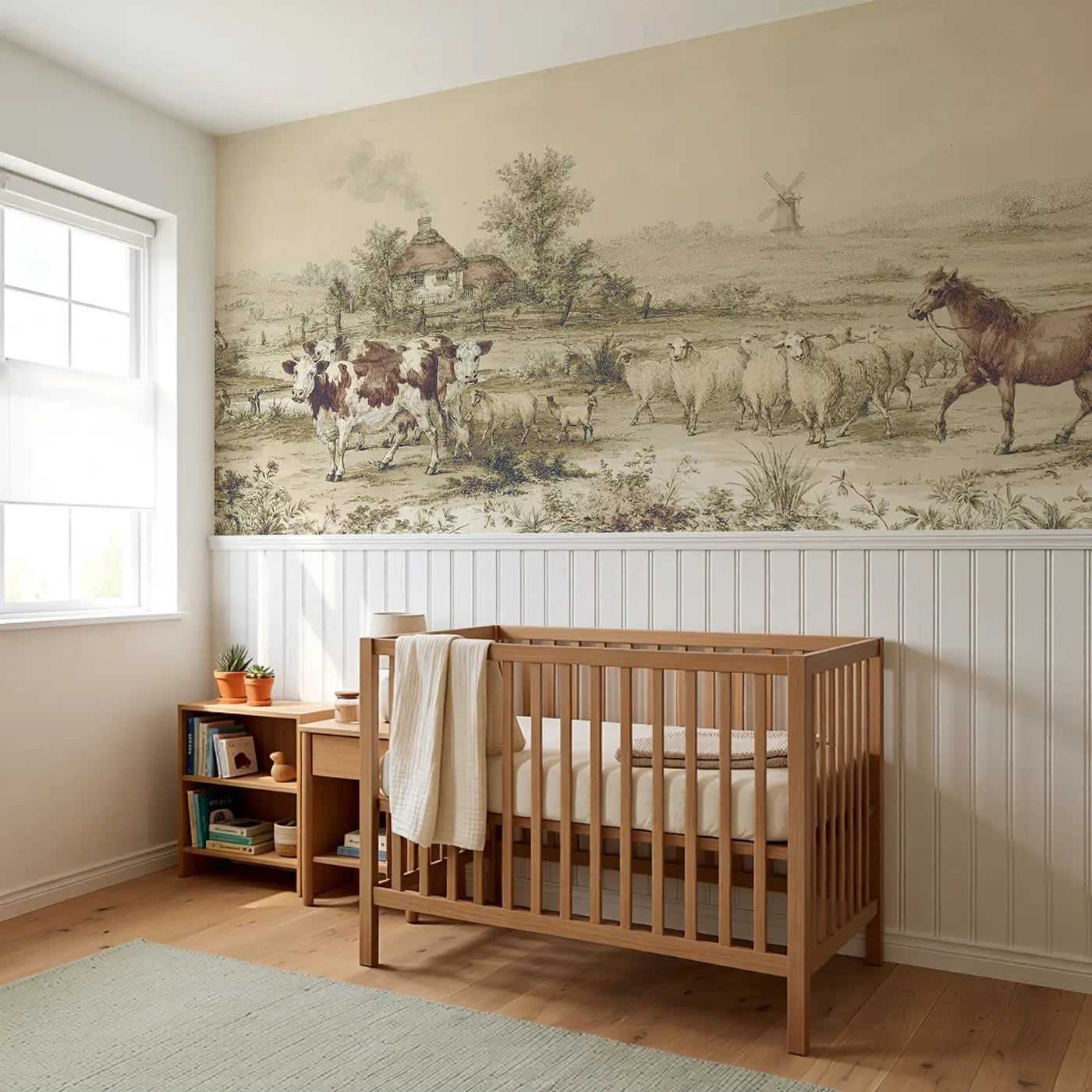 Farm Animal Pastoral Toile Wainscoting Wallpaper styled in a kids bedroom by Whimsy Tots