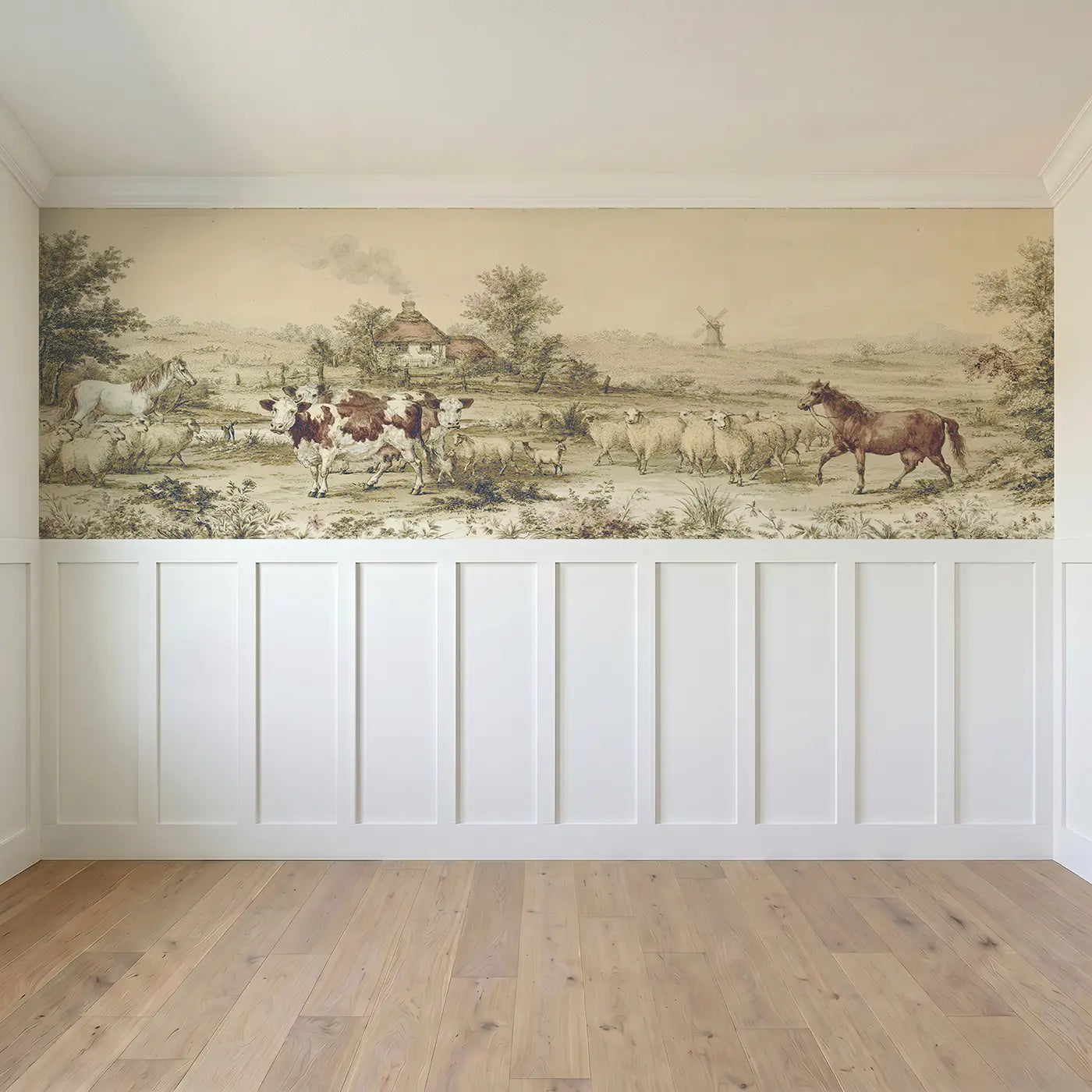 Full panel view of Farm Animal Pastoral Toile Wainscoting Wallpaper by Whimsy Tots