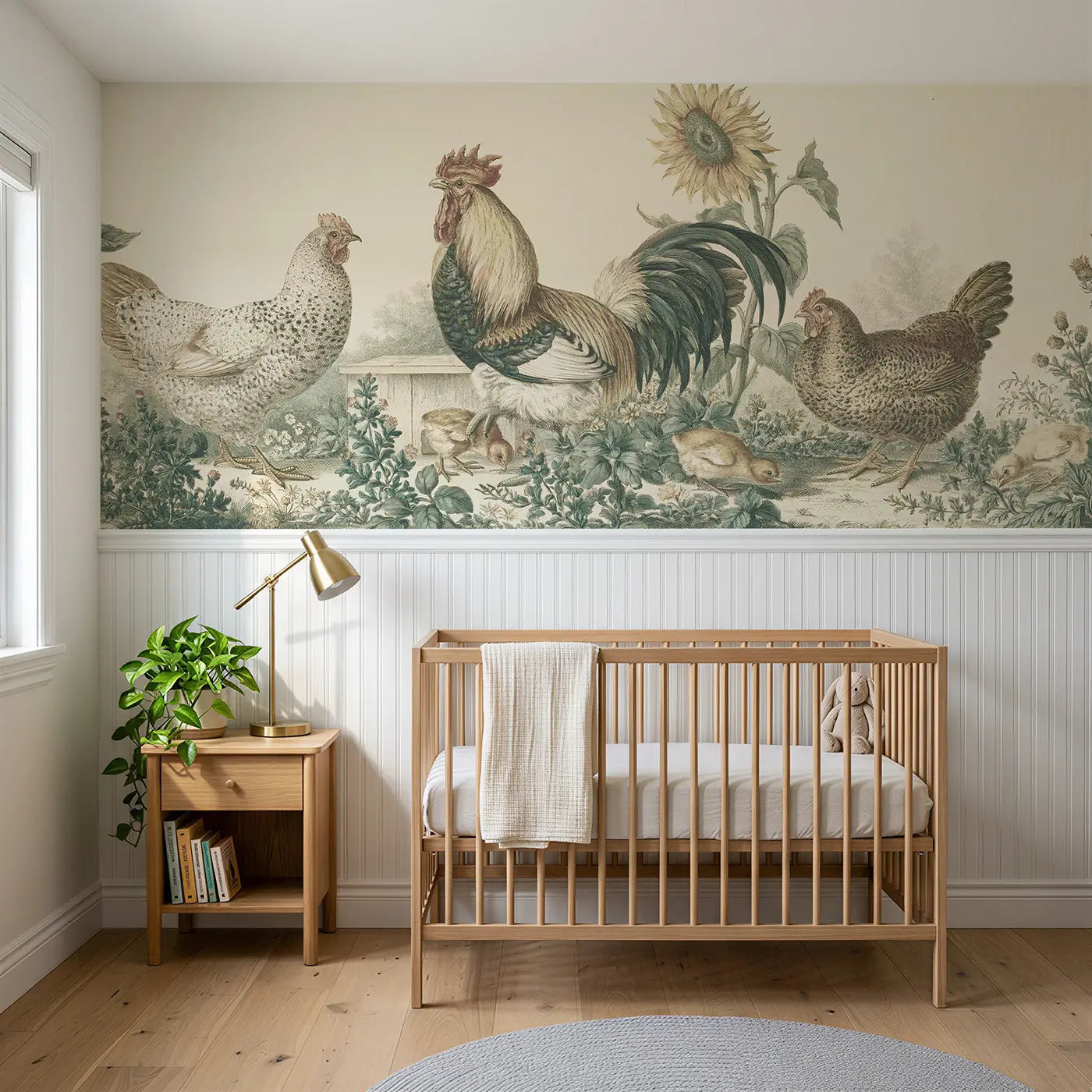 Botanical Elegance poultry yard toile wainscoting wallpaper for nursery by Whimsy Tots