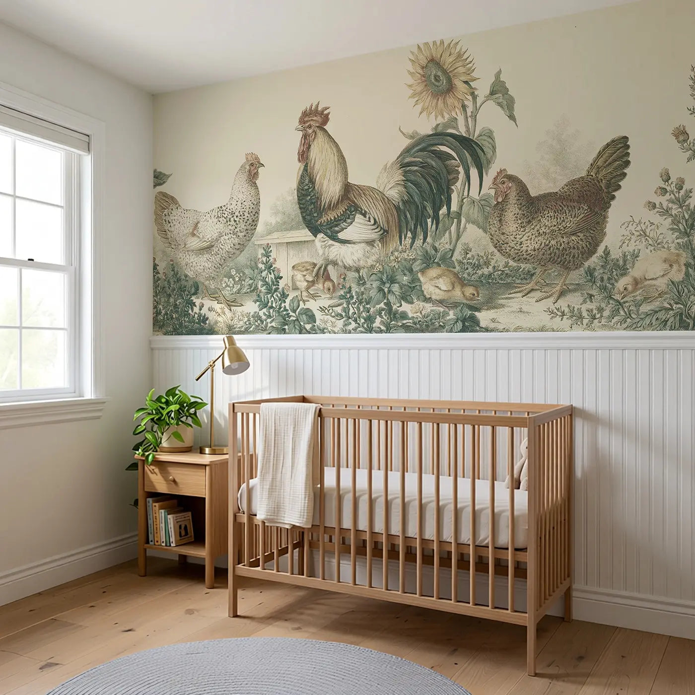 Poultry Yard Botanical Toile Wainscoting Wallpaper styled in a kids bedroom by Whimsy Tots