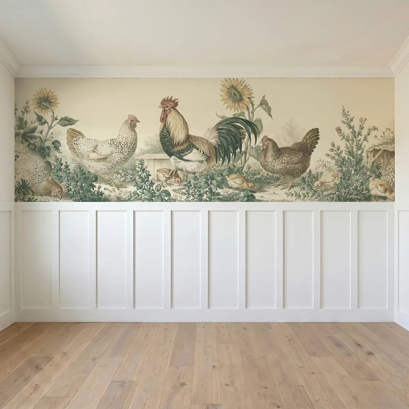 Full panel view of Poultry Yard Botanical Toile Wainscoting Wallpaper by Whimsy Tots