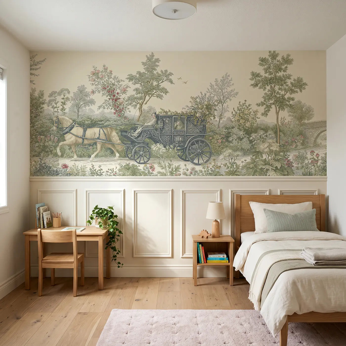 Botanical Elegance horse and carriage country wainscoting wallpaper for bedroom by Whimsy Tots