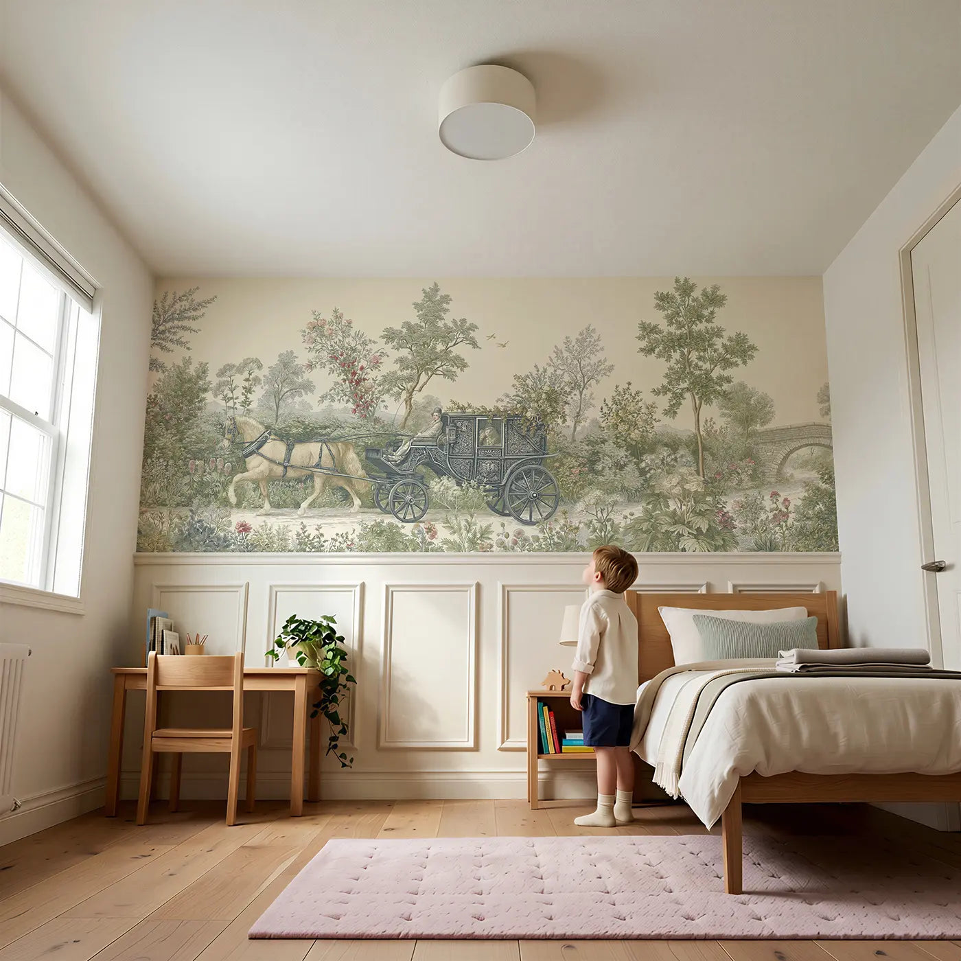 Child reading near Horse and Carriage Country Wainscoting Wallpaper by Whimsy Tots