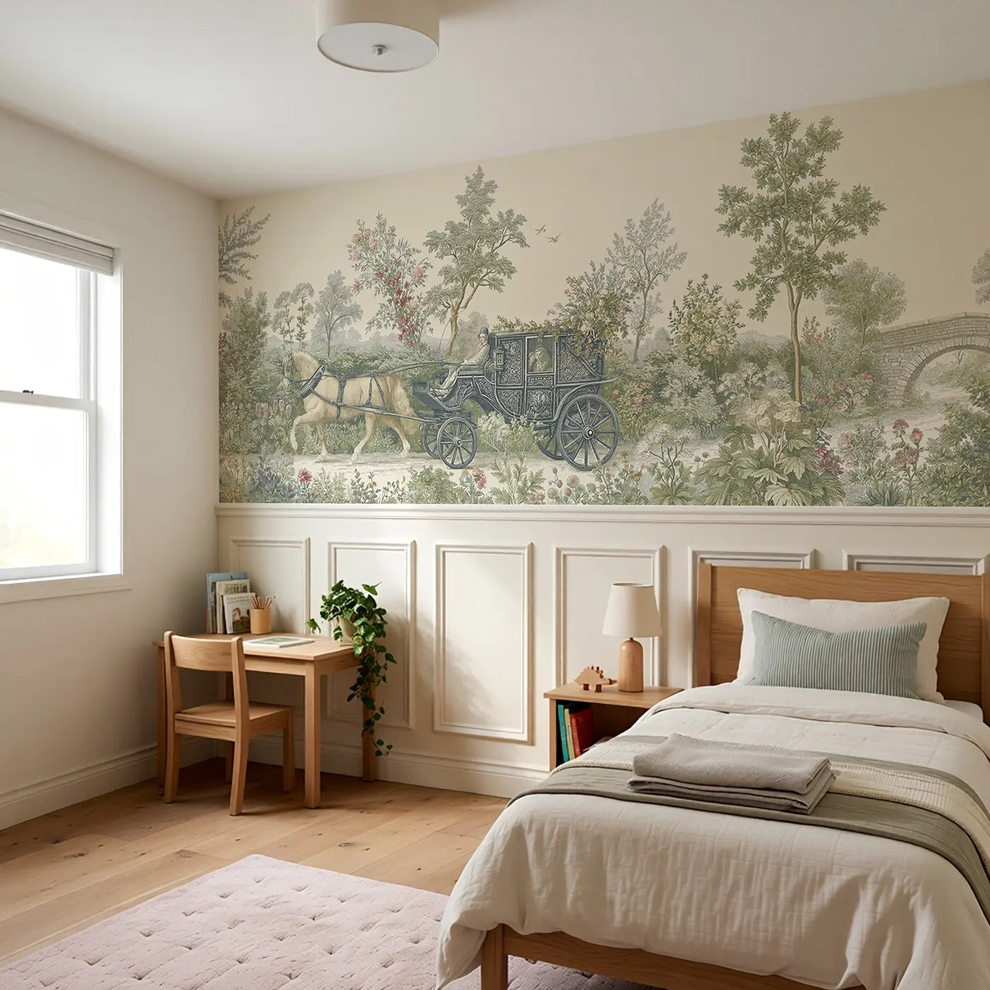Horse and Carriage Country Wainscoting Wallpaper styled in a kids bedroom by Whimsy Tots