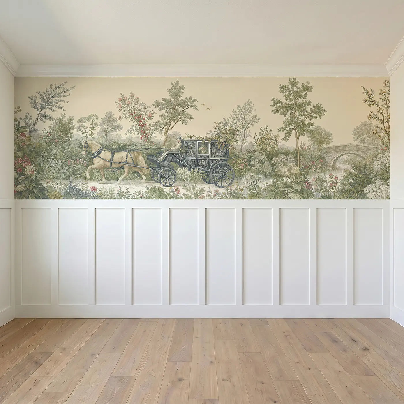 Full panel view of Horse and Carriage Country Wainscoting Wallpaper by Whimsy Tots
