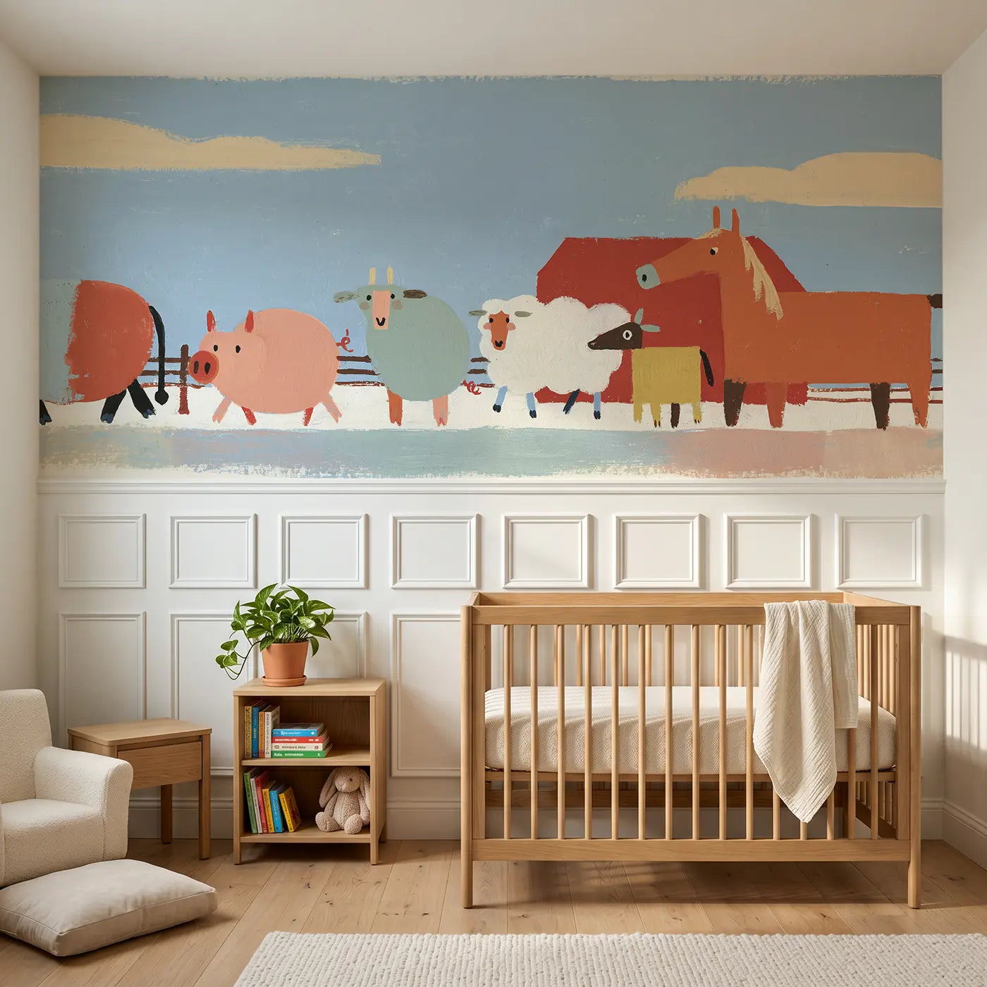 Modern Illustration graphic farm animal row wainscoting wallpaper for nursery by Whimsy Tots