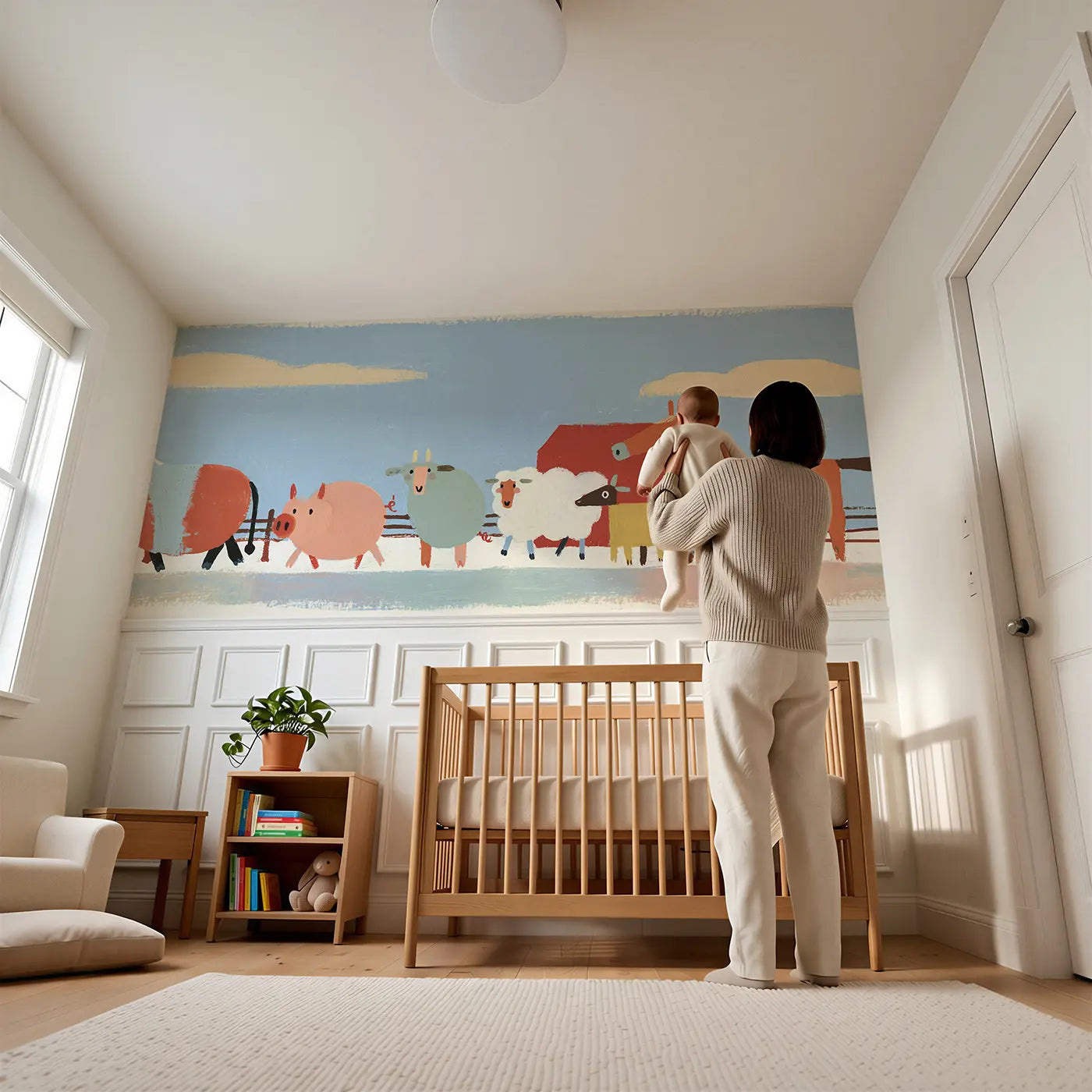 Child reading near Graphic Farm Animal Row Wainscoting Wallpaper by Whimsy Tots