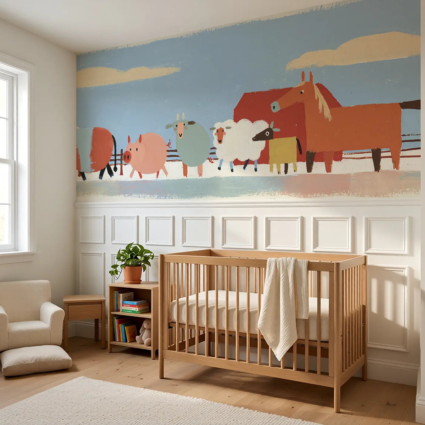 Graphic Farm Animal Row Wainscoting Wallpaper styled in a kids bedroom by Whimsy Tots