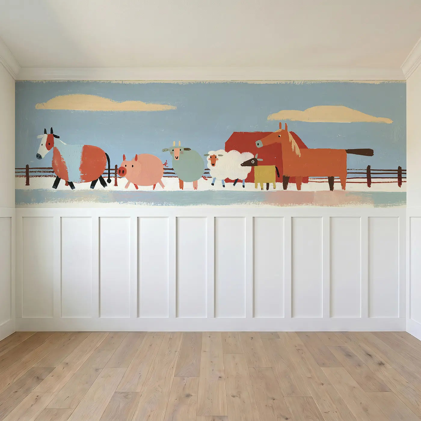 Full panel view of Graphic Farm Animal Row Wainscoting Wallpaper by Whimsy Tots