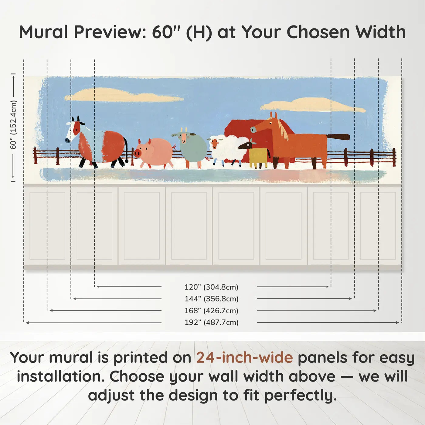 Panel dimensions for Graphic Farm Animal Row Wainscoting Wallpaper by Whimsy Tots