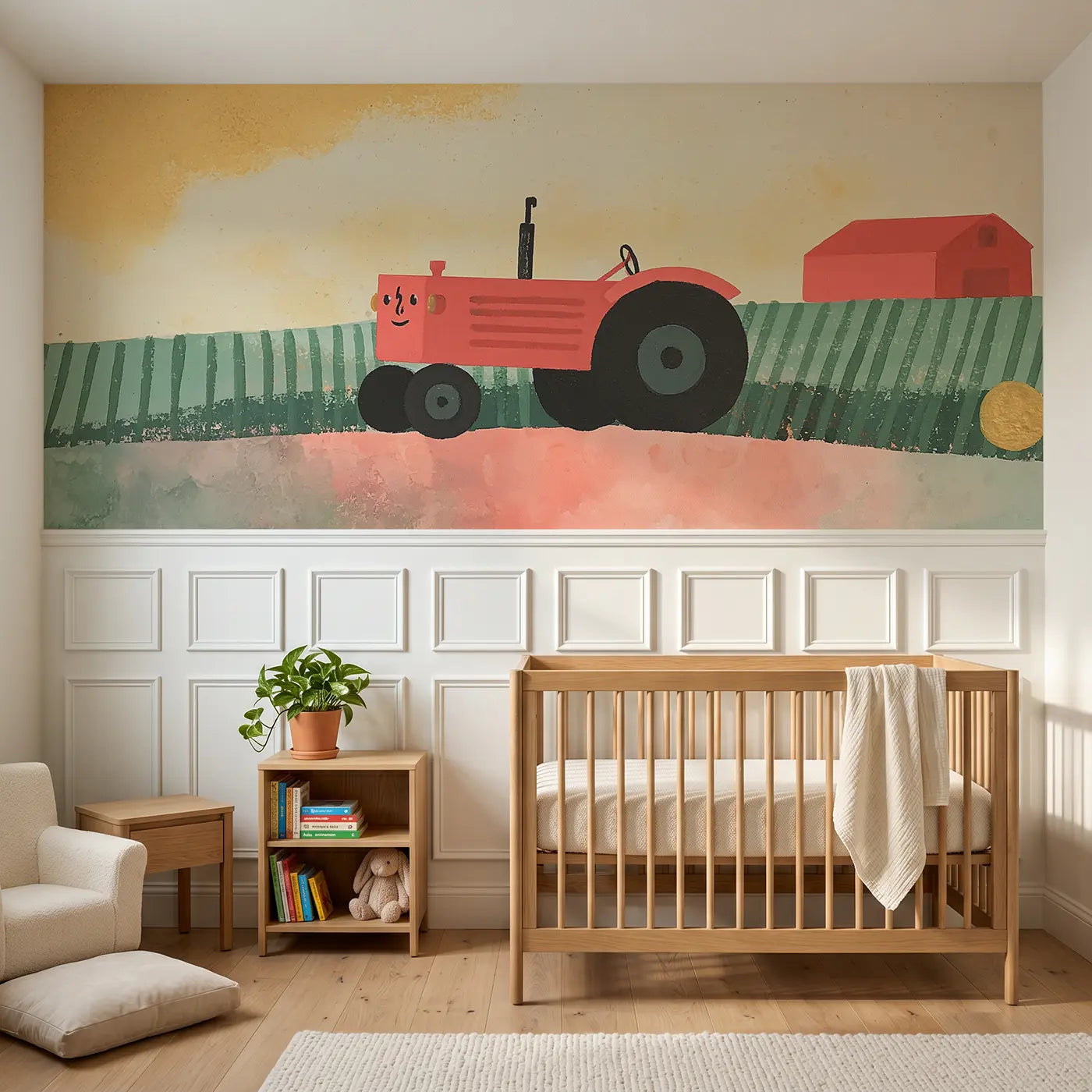 Modern Illustration flat tractor field drive wainscoting wallpaper for nursery by Whimsy Tots