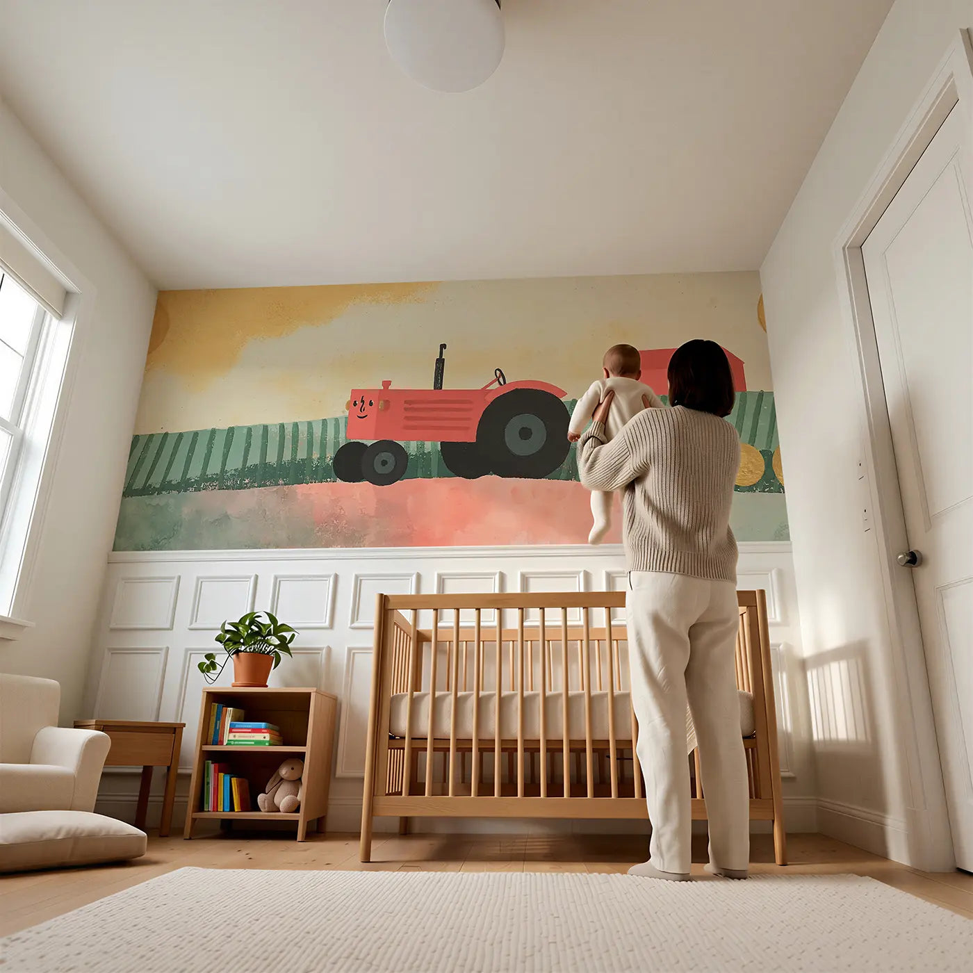 Child reading near Flat Tractor Field Drive Wainscoting Wallpaper by Whimsy Tots