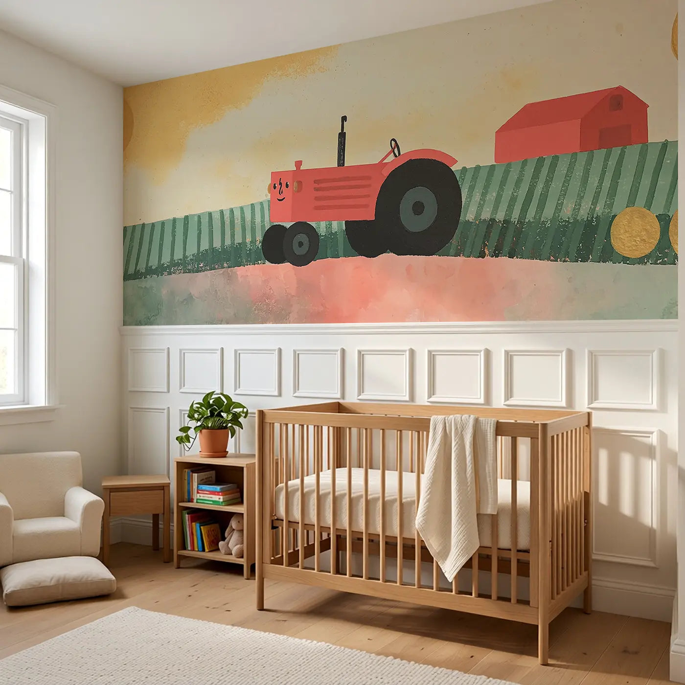 Flat Tractor Field Drive Wainscoting Wallpaper styled in a kids bedroom by Whimsy Tots
