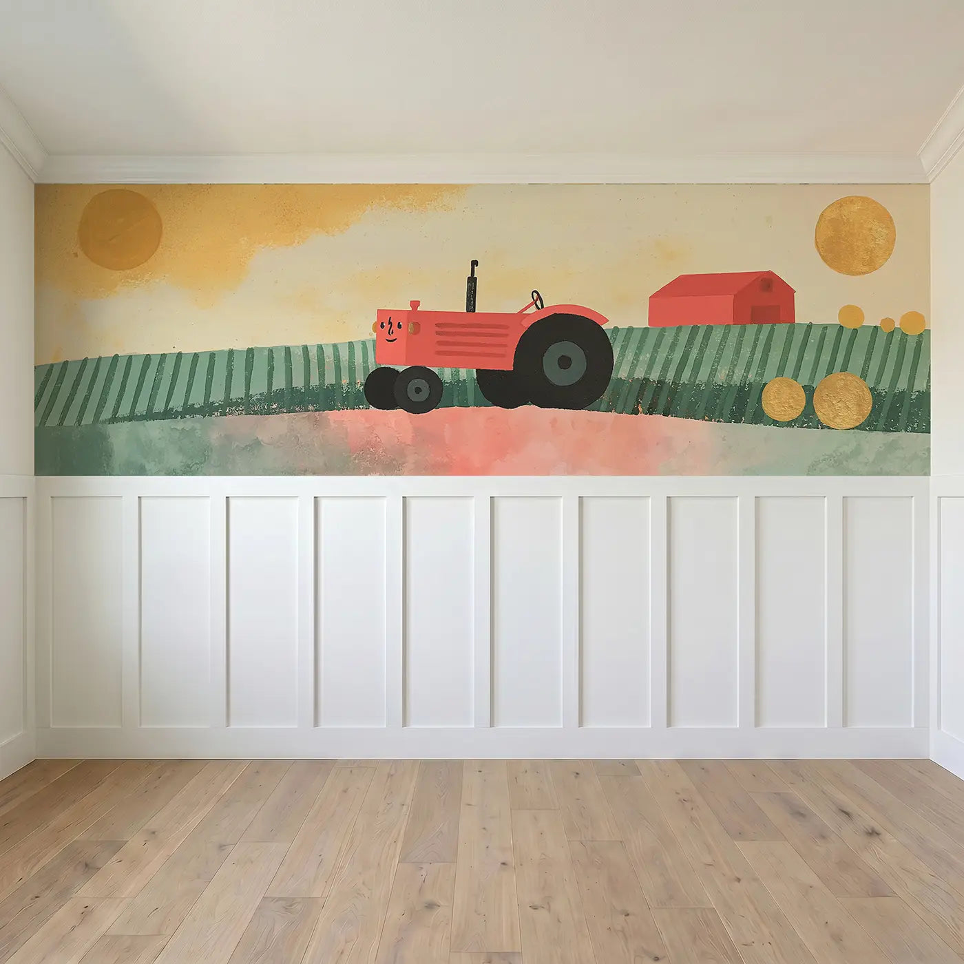 Full panel view of Flat Tractor Field Drive Wainscoting Wallpaper by Whimsy Tots