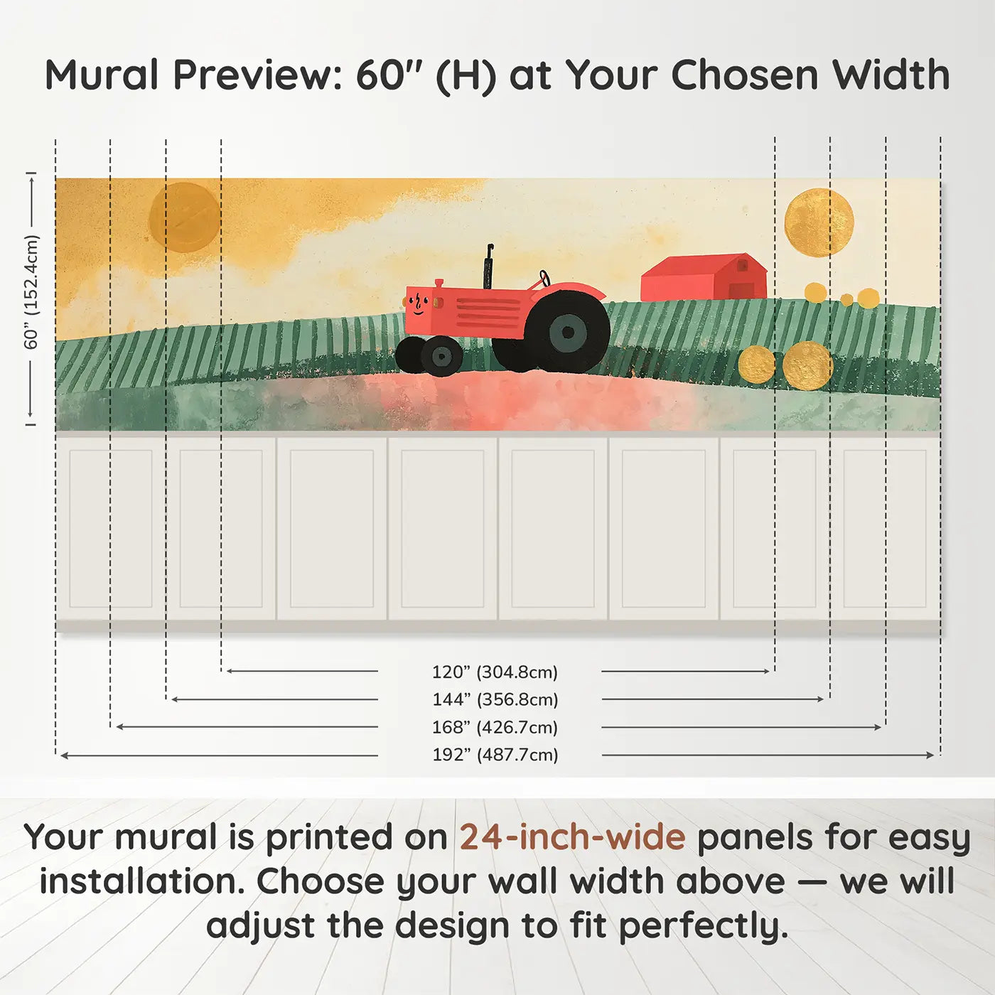 Panel dimensions for Flat Tractor Field Drive Wainscoting Wallpaper by Whimsy Tots