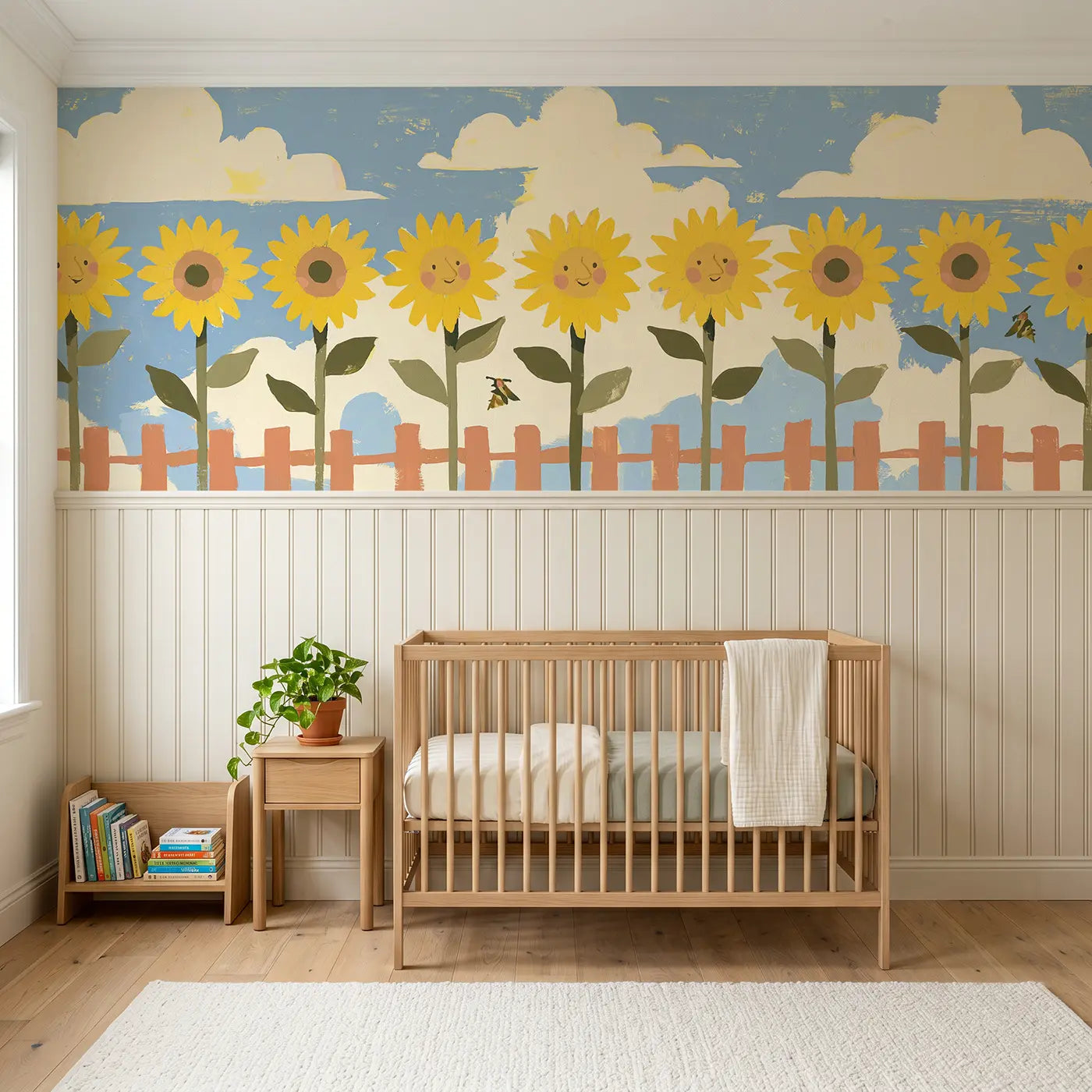 Modern Illustration bold sunflower farm flat wainscoting wallpaper for nursery by Whimsy Tots