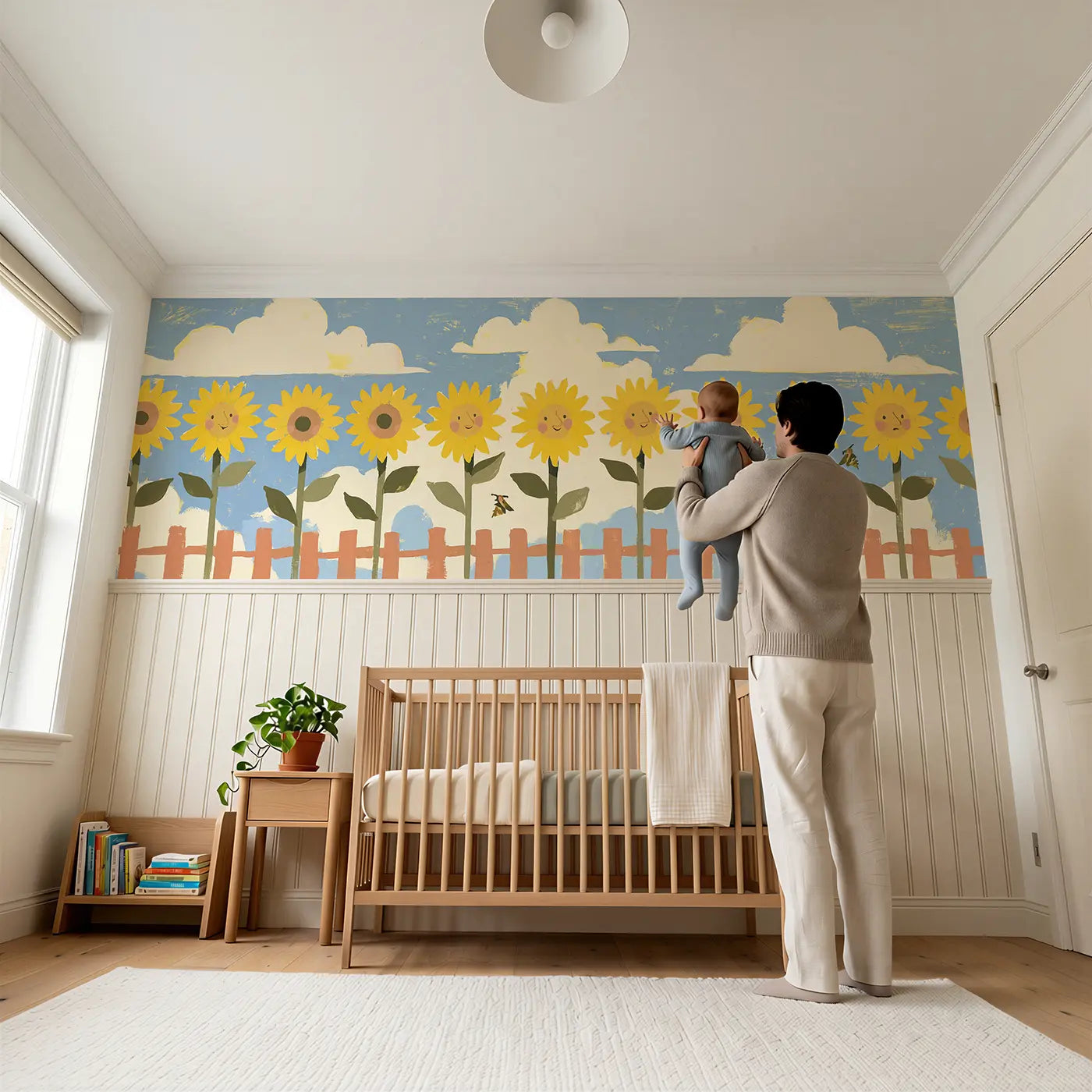 Child reading near Bold Sunflower Farm Flat Wainscoting Wallpaper by Whimsy Tots