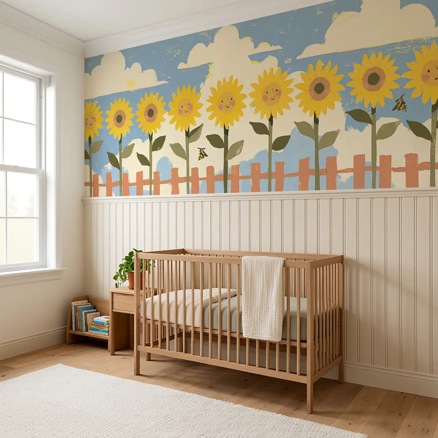 Bold Sunflower Farm Flat Wainscoting Wallpaper styled in a kids bedroom by Whimsy Tots
