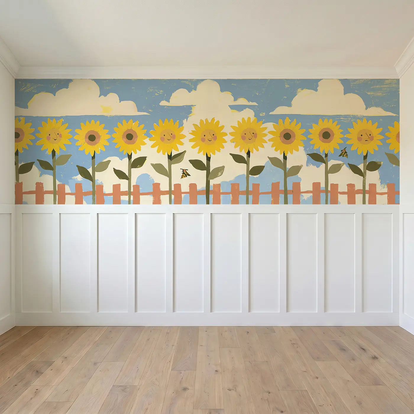 Full panel view of Bold Sunflower Farm Flat Wainscoting Wallpaper by Whimsy Tots