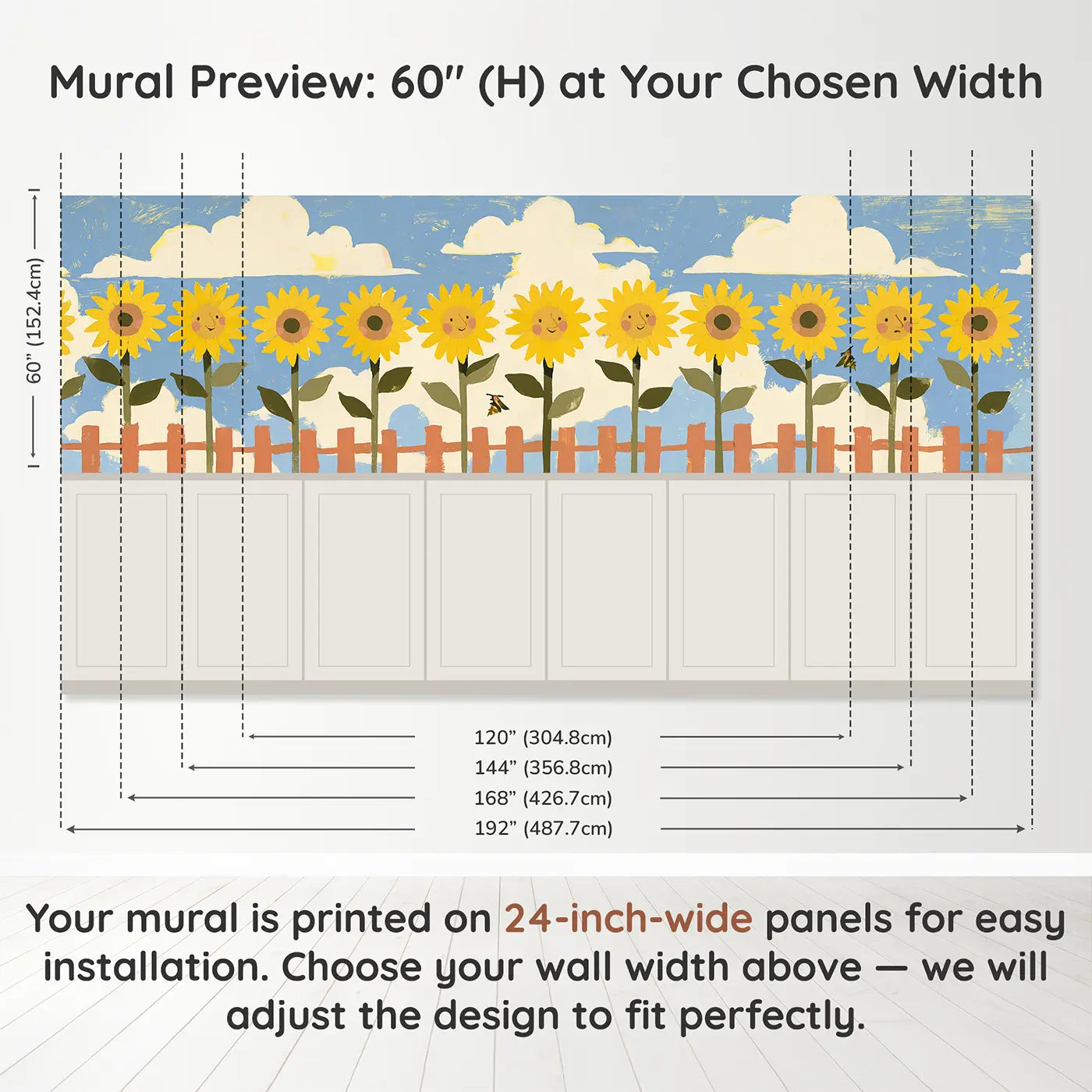 Panel dimensions for Bold Sunflower Farm Flat Wainscoting Wallpaper by Whimsy Tots