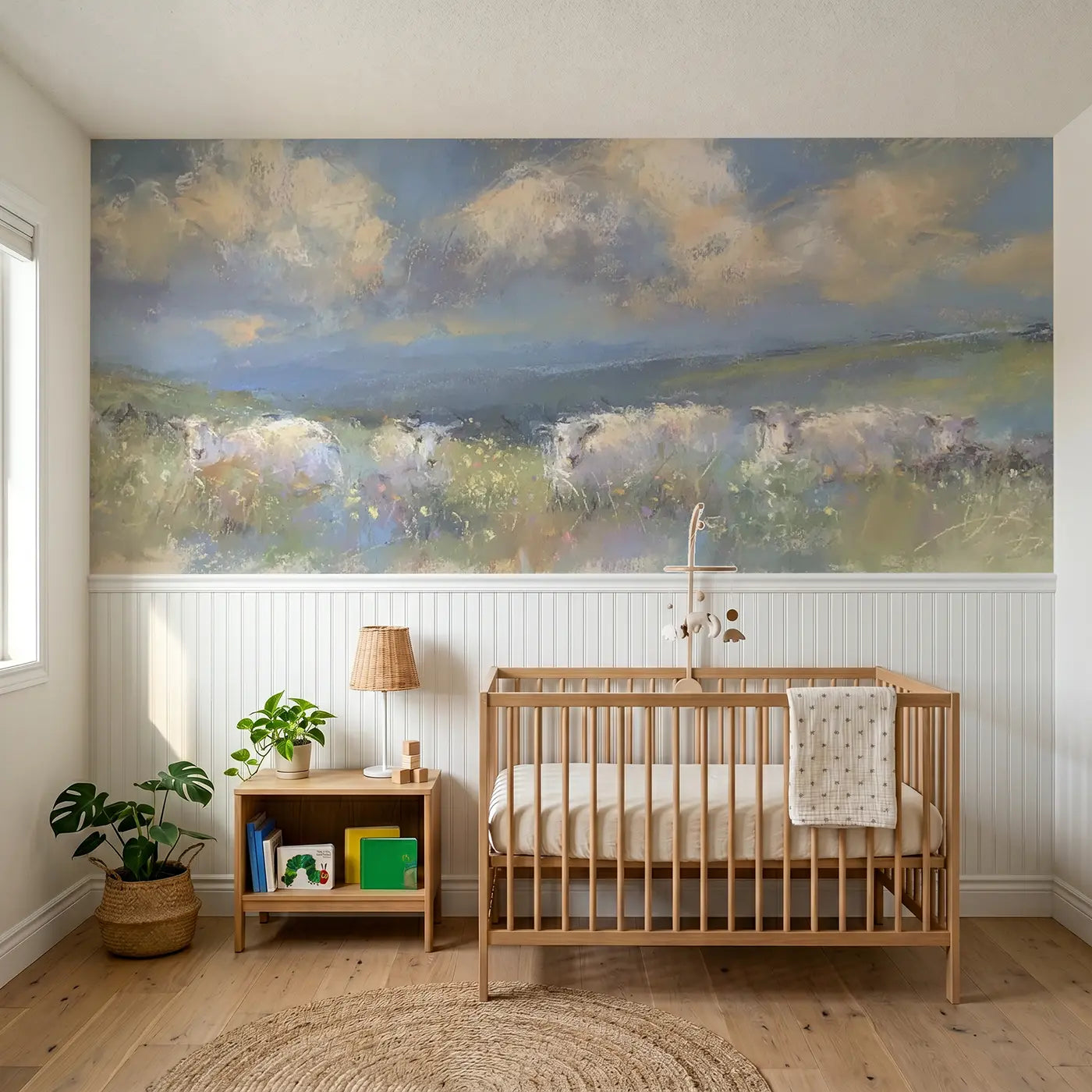 Soft Pastel chalk sheep meadow drift wainscoting wallpaper for nursery by Whimsy Tots