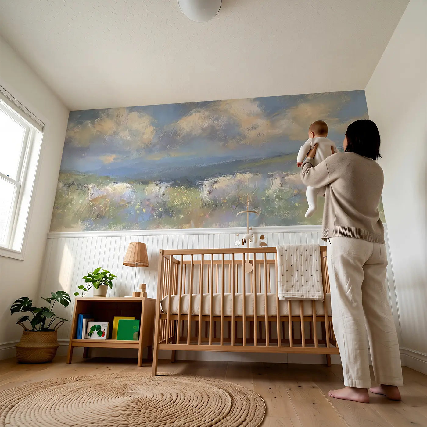Child reading near Chalk Sheep Meadow Soft Wainscoting Wallpaper by Whimsy Tots