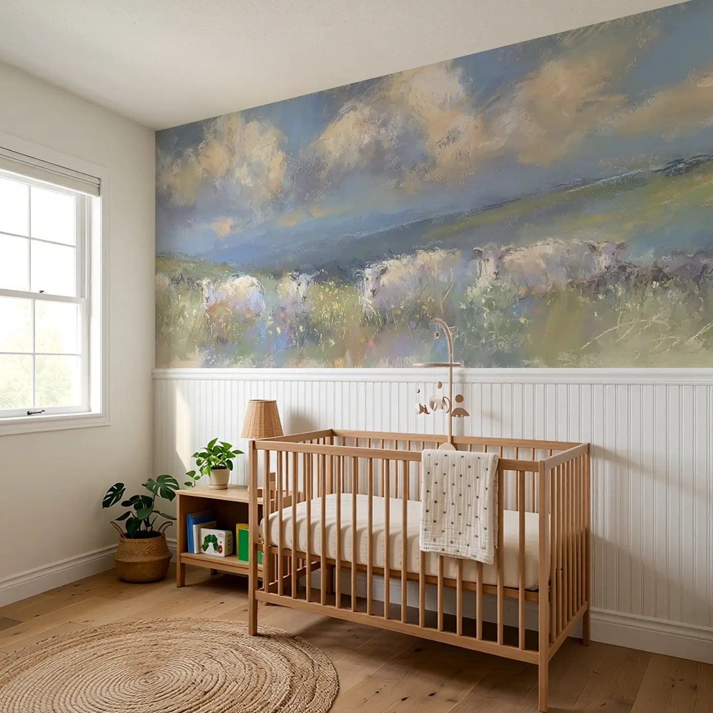 Chalk Sheep Meadow Soft Wainscoting Wallpaper styled in a kids bedroom by Whimsy Tots
