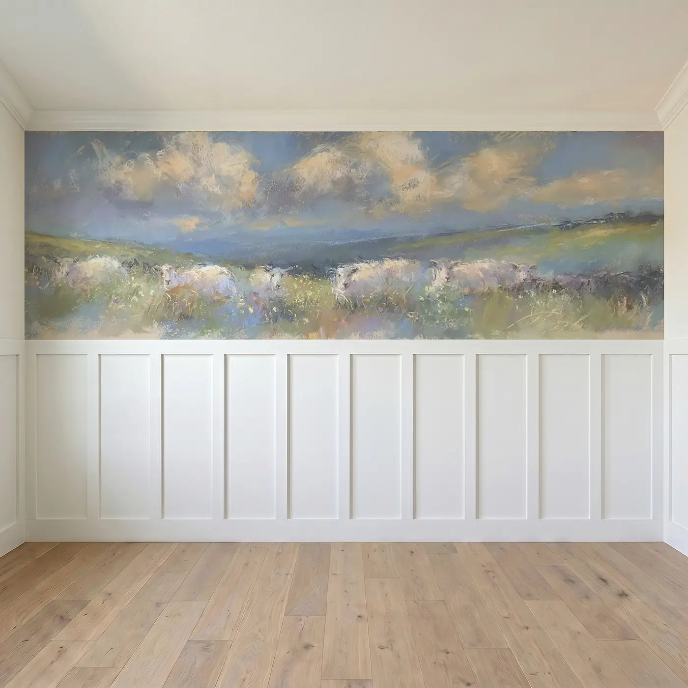 Full panel view of Chalk Sheep Meadow Soft Wainscoting Wallpaper by Whimsy Tots