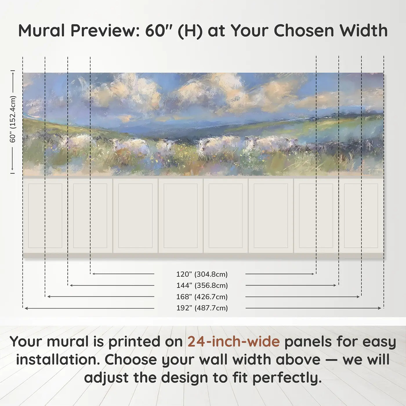 Panel dimensions for Chalk Sheep Meadow Soft Wainscoting Wallpaper by Whimsy Tots