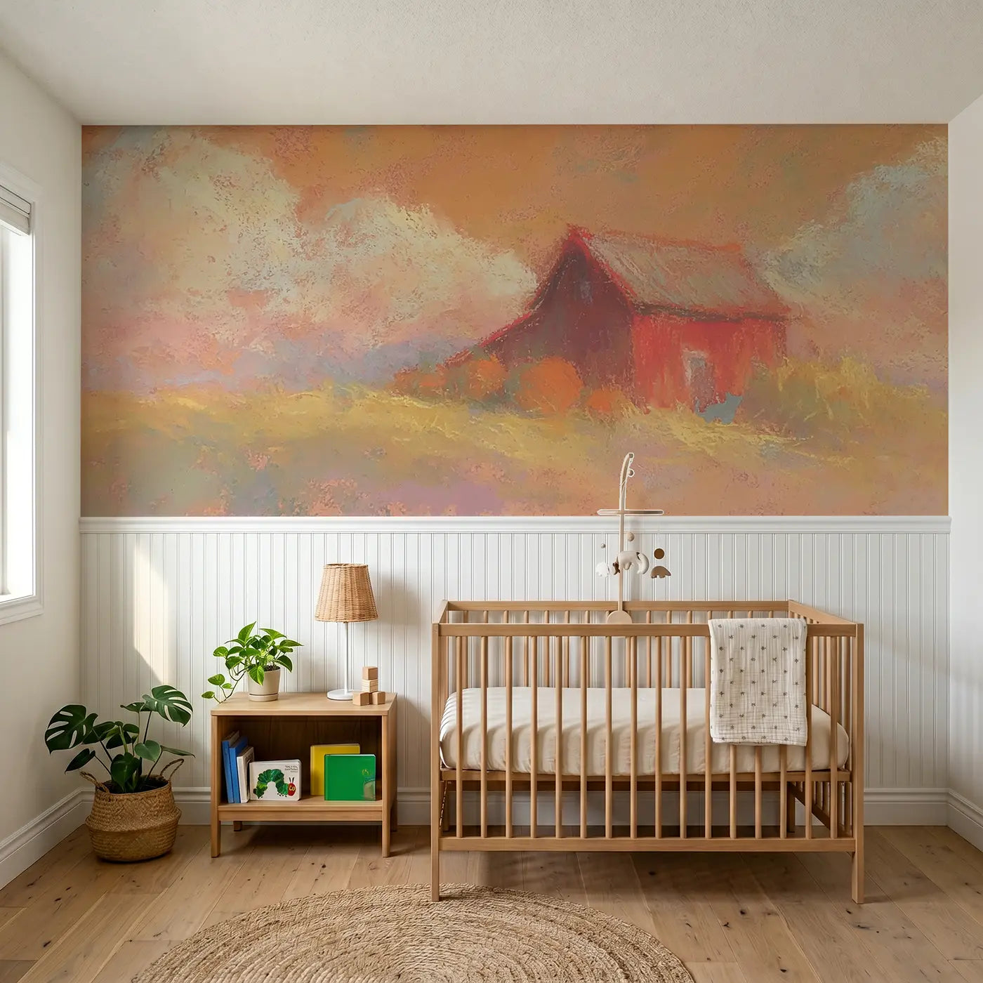 Soft Pastel chalk barn harvest cozy wainscoting wallpaper for nursery by Whimsy Tots