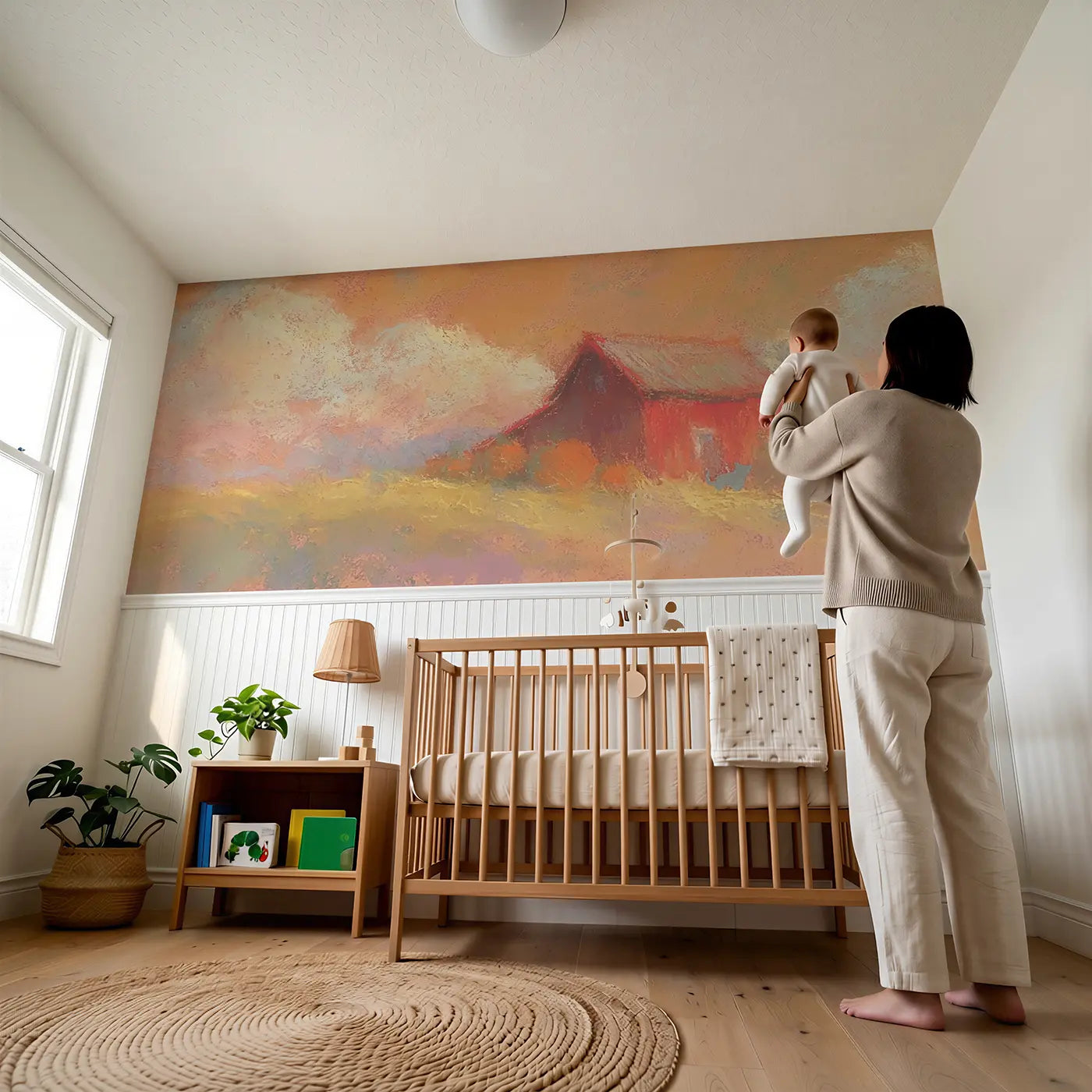 Child reading near Pastel Barn Harvest Cozy Wainscoting Wallpaper by Whimsy Tots