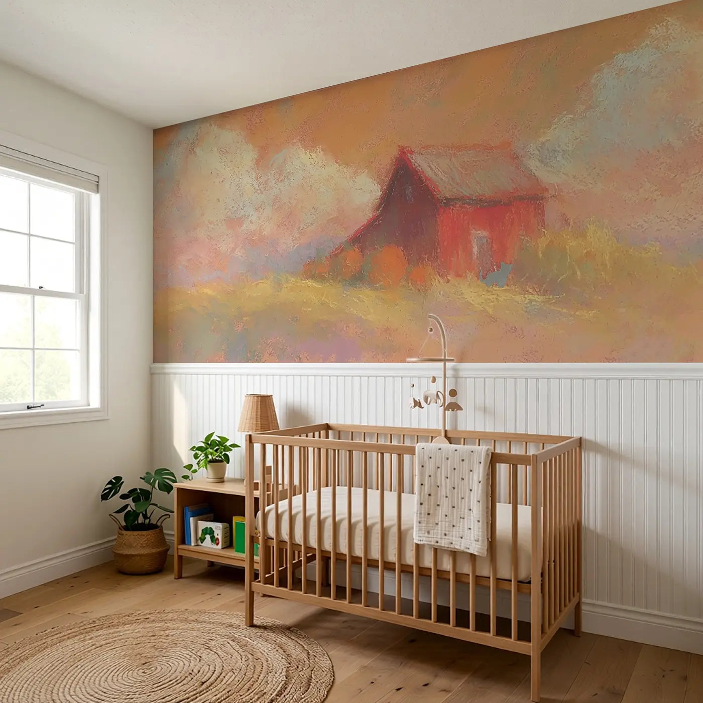 Pastel Barn Harvest Cozy Wainscoting Wallpaper styled in a kids bedroom by Whimsy Tots