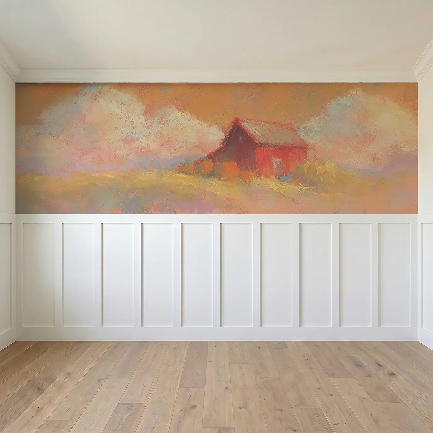Full panel view of Pastel Barn Harvest Cozy Wainscoting Wallpaper by Whimsy Tots