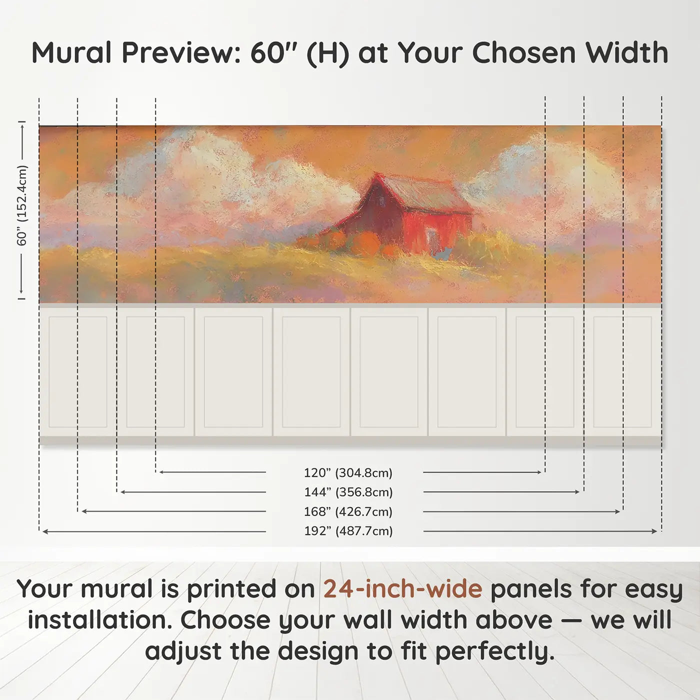 Panel dimensions for Pastel Barn Harvest Cozy Wainscoting Wallpaper by Whimsy Tots