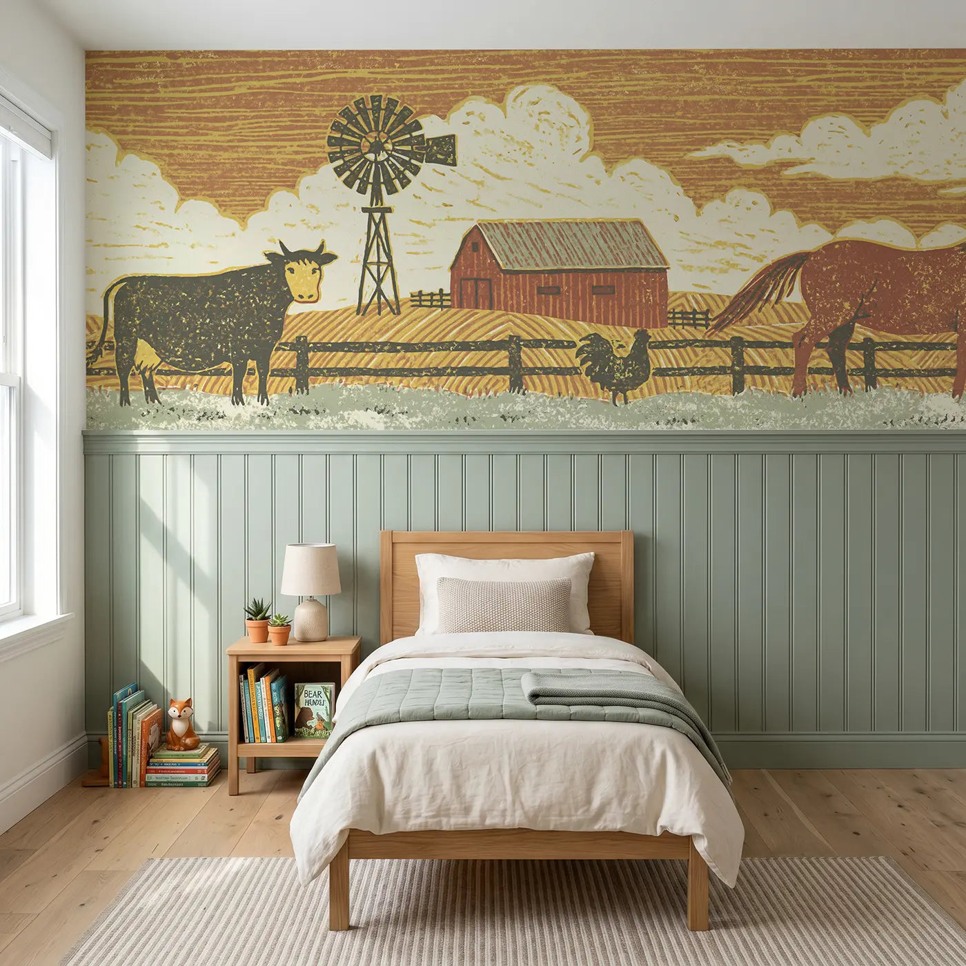 Block Print carved farm scene band wainscoting wallpaper for bedroom by Whimsy Tots