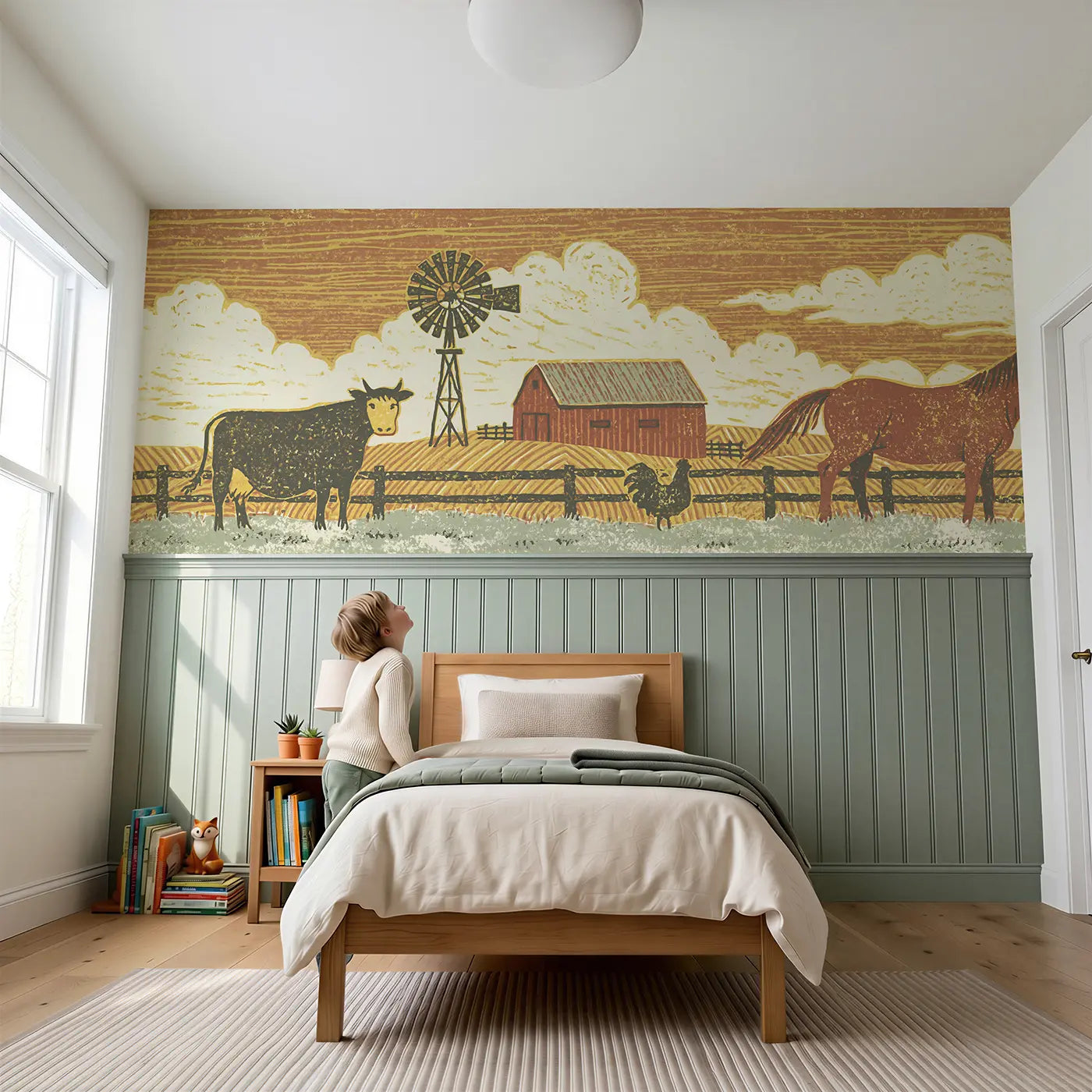 Child reading near Carved Farm Scene Band Wainscoting Wallpaper by Whimsy Tots