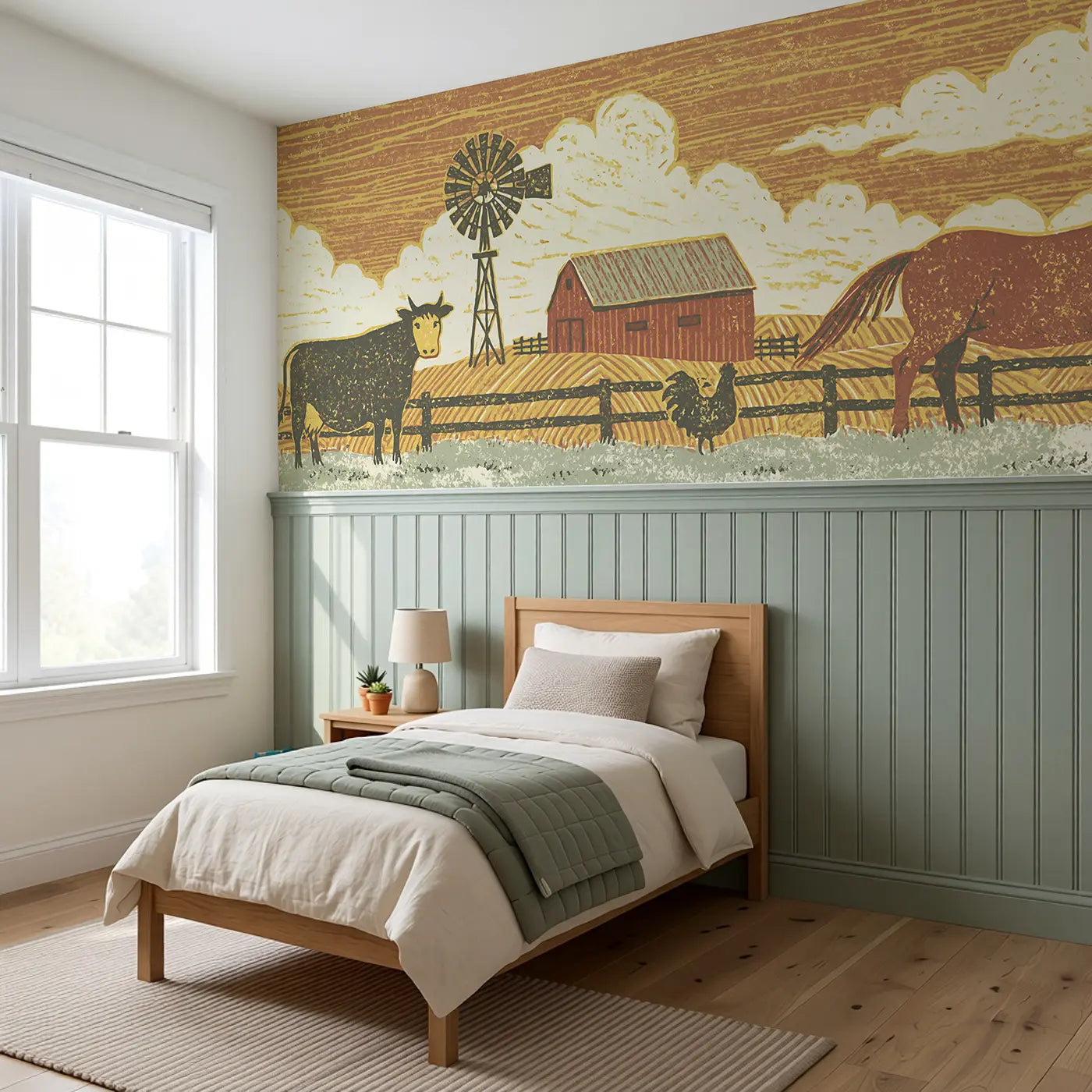 Carved Farm Scene Band Wainscoting Wallpaper styled in a kids bedroom by Whimsy Tots