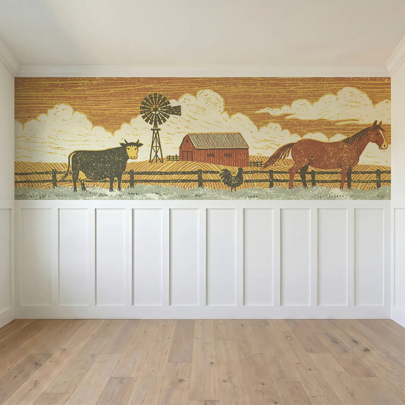 Full panel view of Carved Farm Scene Band Wainscoting Wallpaper by Whimsy Tots