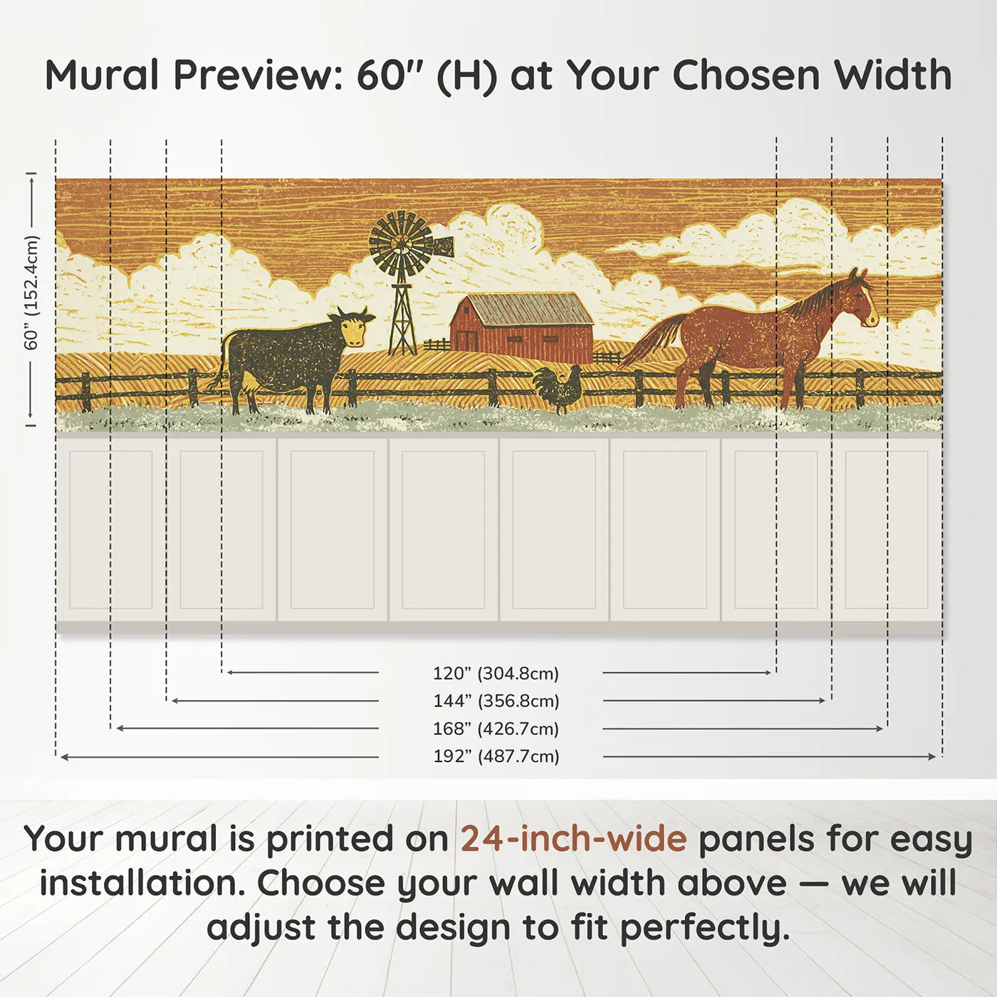 Panel dimensions for Carved Farm Scene Band Wainscoting Wallpaper by Whimsy Tots