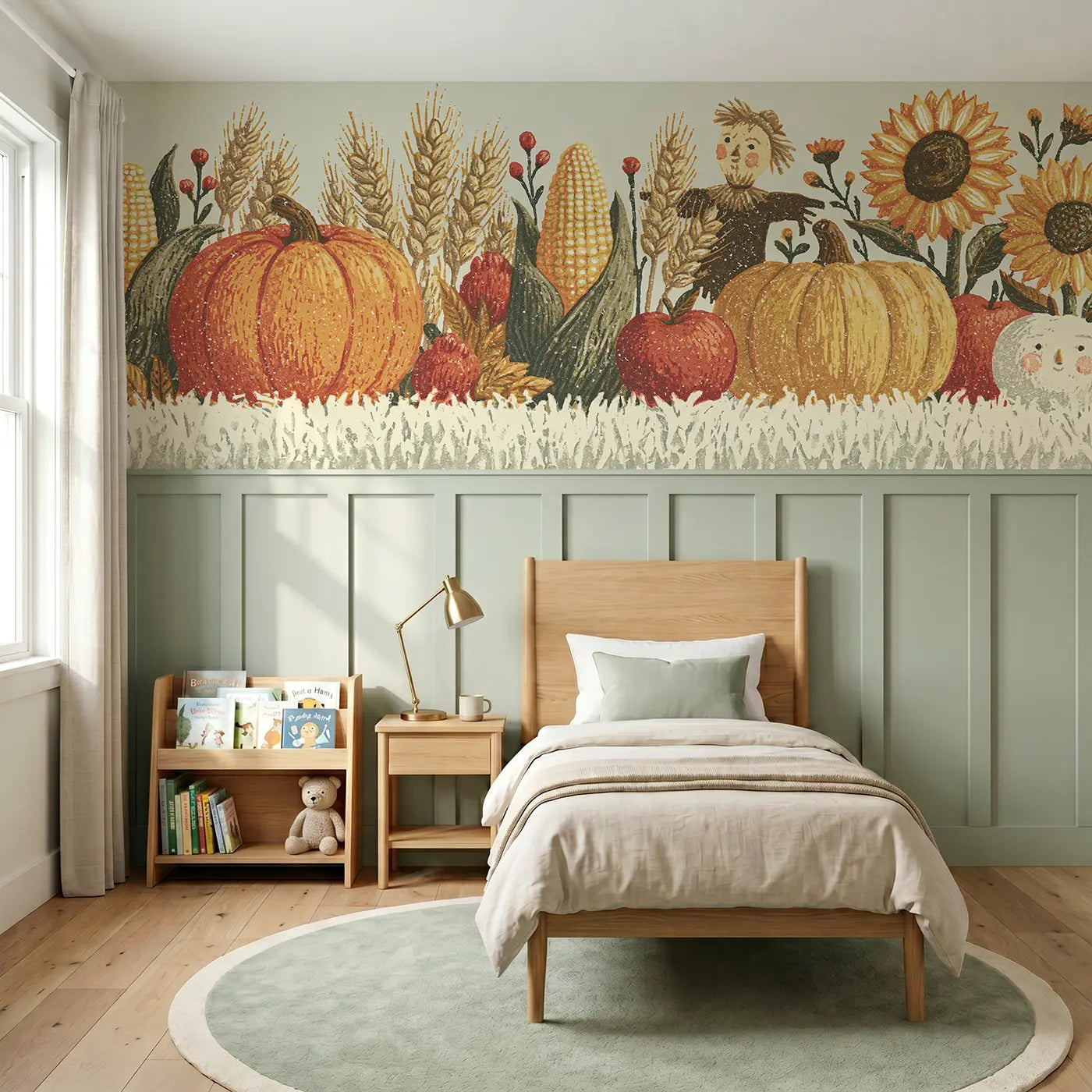 Block Print harvest row wainscoting wallpaper for bedroom by Whimsy Tots