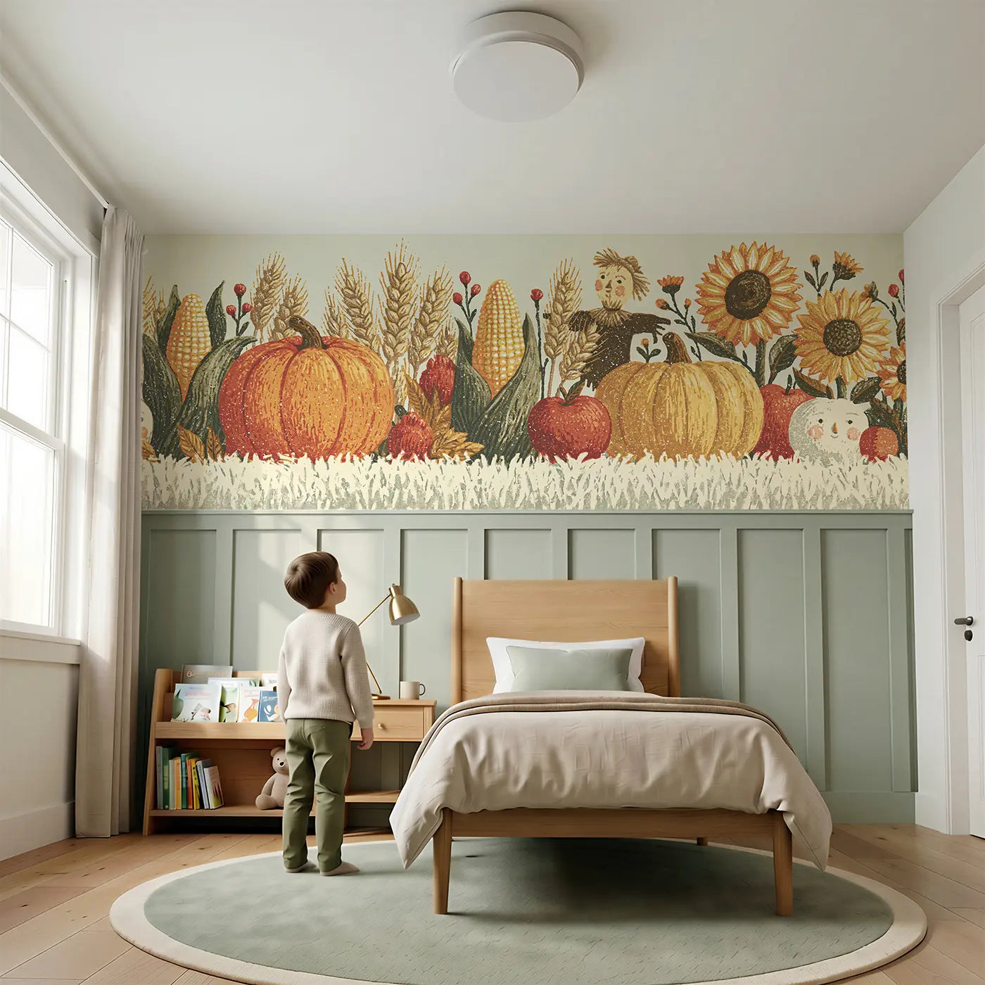 Child reading near Block Print Harvest Row Wainscoting Wallpaper by Whimsy Tots