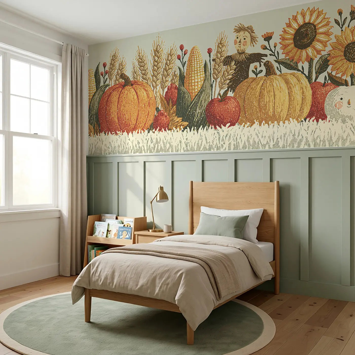 Block Print Harvest Row Wainscoting Wallpaper styled in a kids bedroom by Whimsy Tots