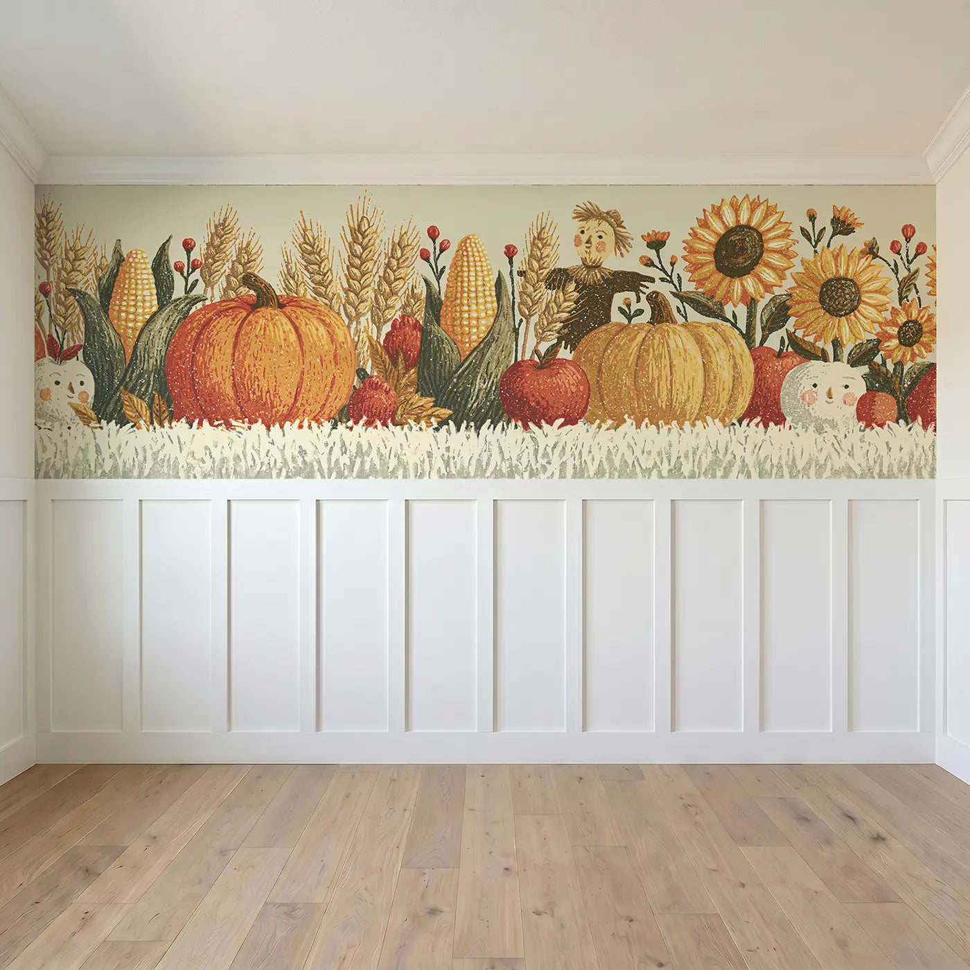 Full panel view of Block Print Harvest Row Wainscoting Wallpaper by Whimsy Tots
