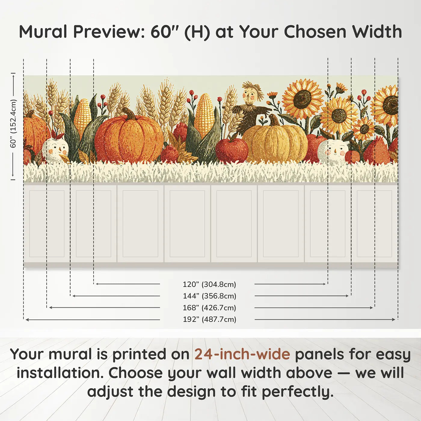 Panel dimensions for Block Print Harvest Row Wainscoting Wallpaper by Whimsy Tots