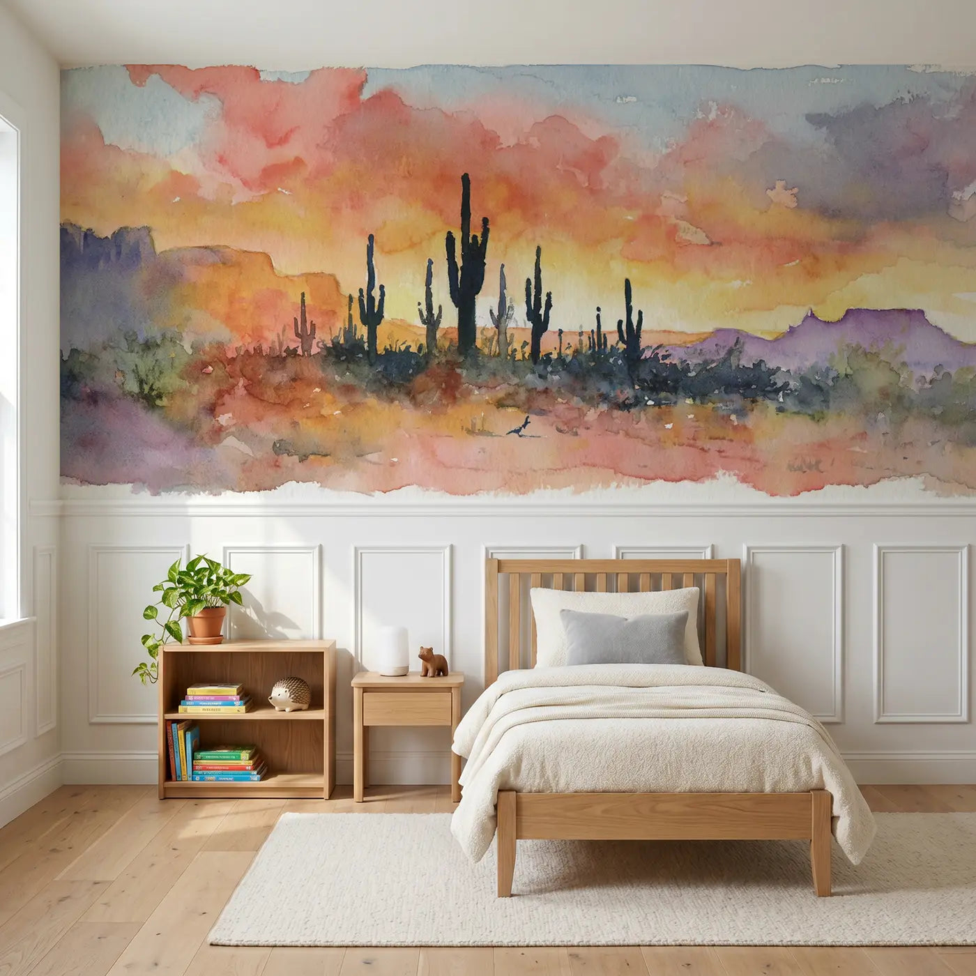 Watercolor desert sunset cactus glow wainscoting wallpaper for bedroom by Whimsy Tots