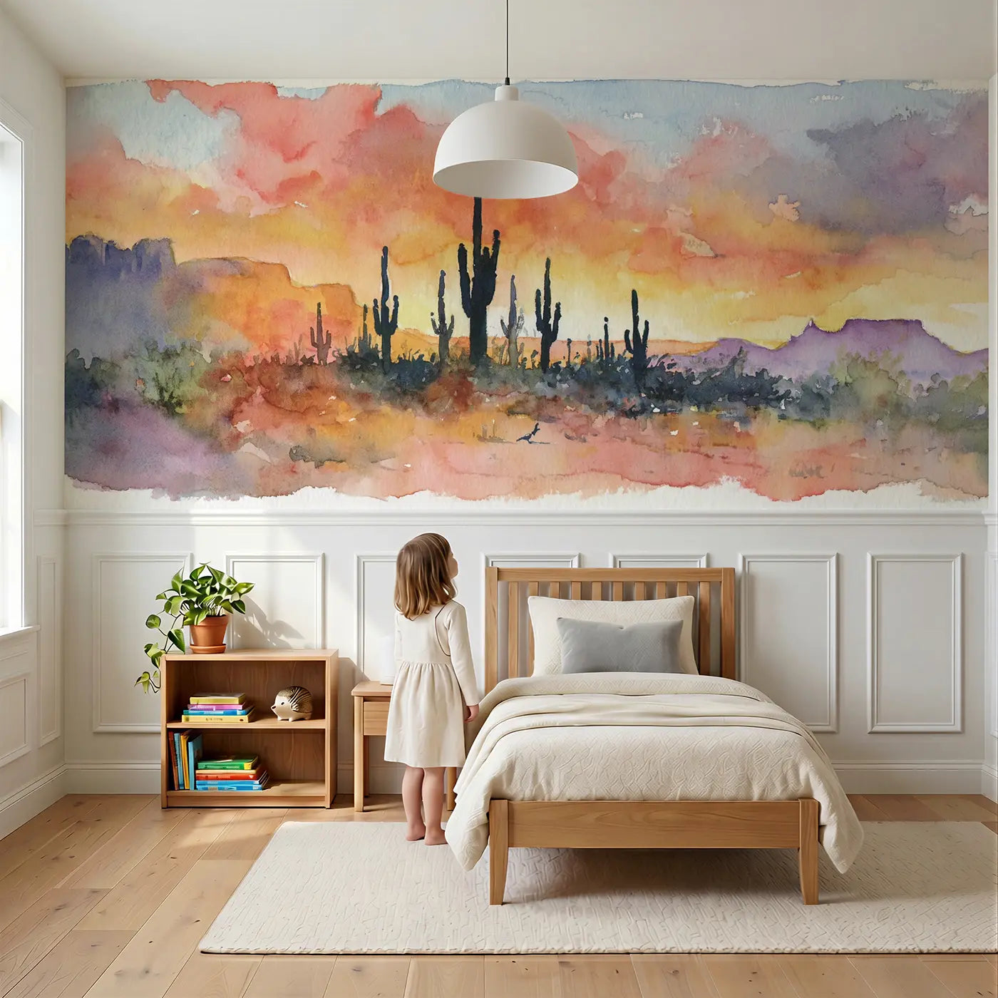 Child reading near Desert Sunset Cactus Glow Wainscoting Wallpaper by Whimsy Tots