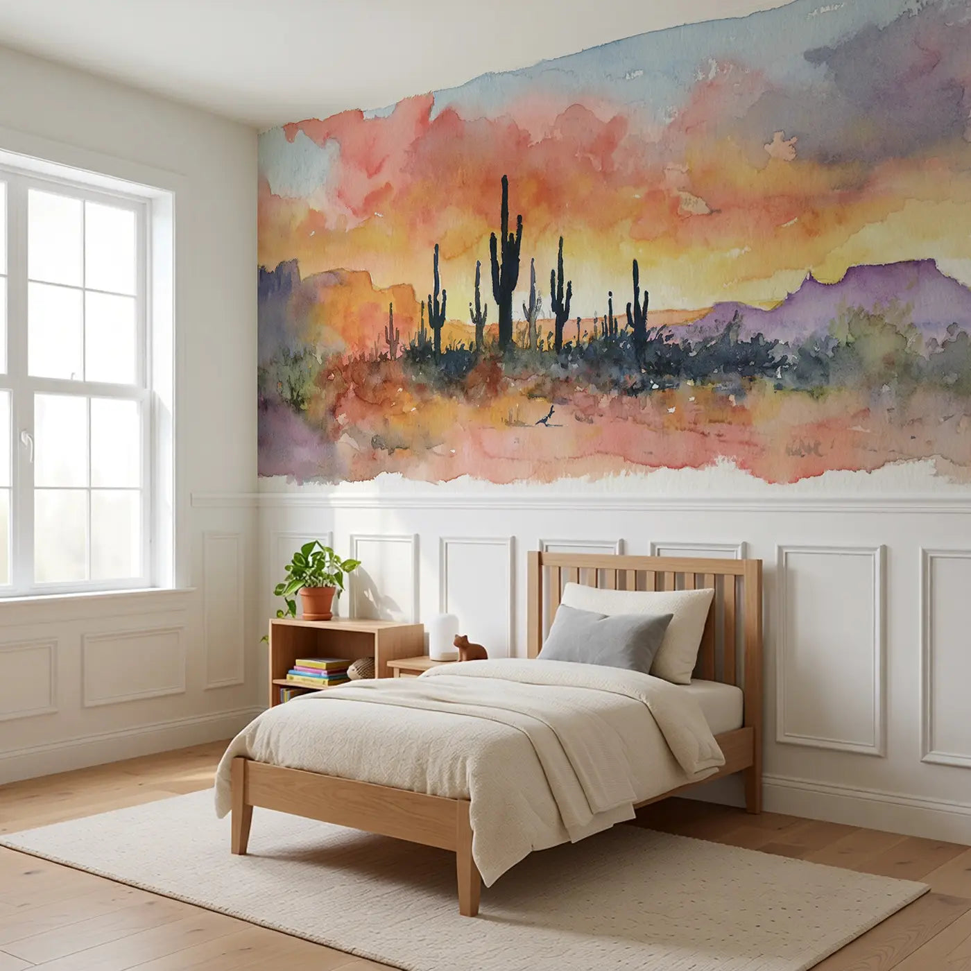 Desert Sunset Cactus Glow Wainscoting Wallpaper styled in a kids bedroom by Whimsy Tots